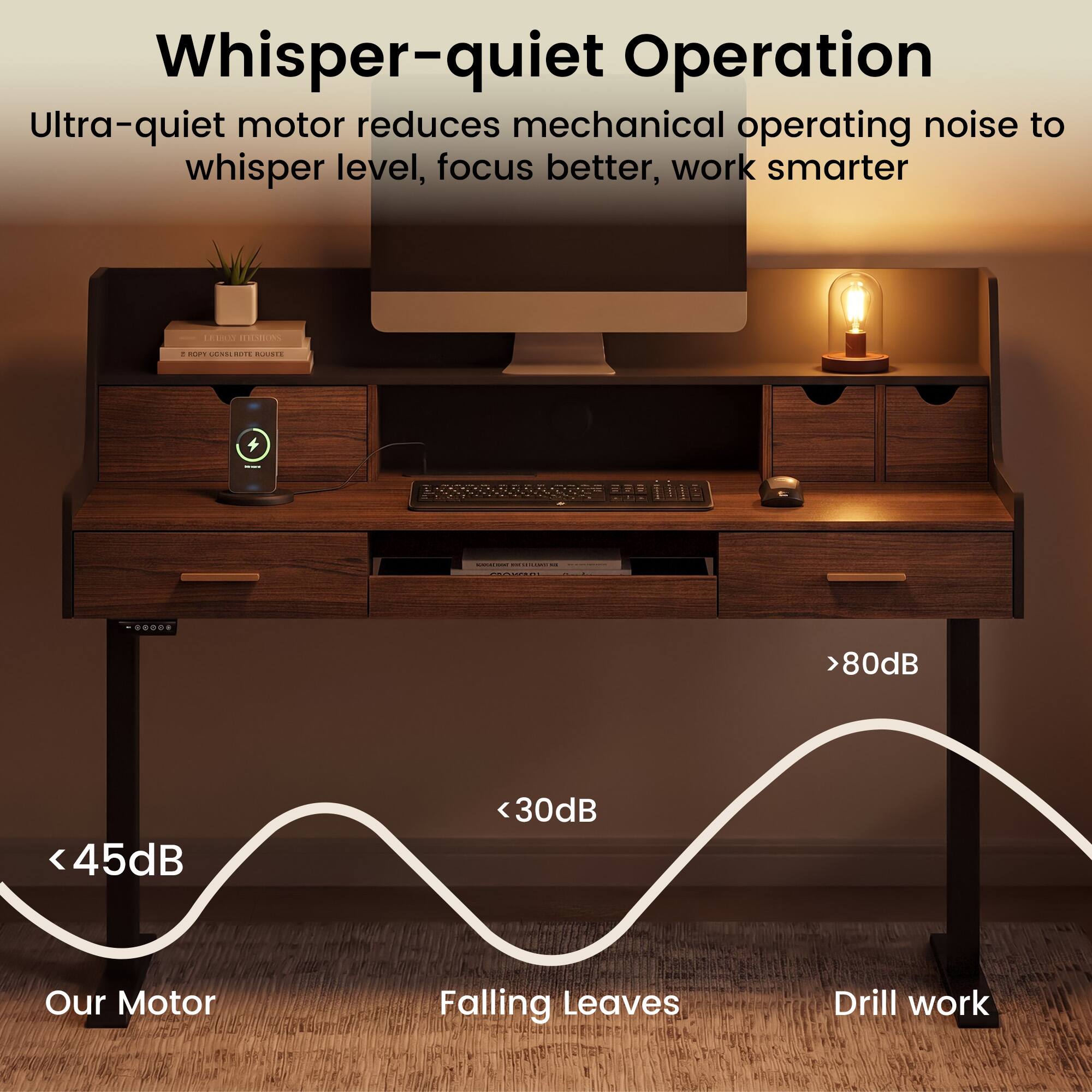 Whisper-quiet Operation  
Ultra-quiet motor reduces mechanical operating noise to whisper level, focus better, work smarter  

>80dB  
<45dB  
<30dB  

Our Motor  
Falling Leaves  
Drill work