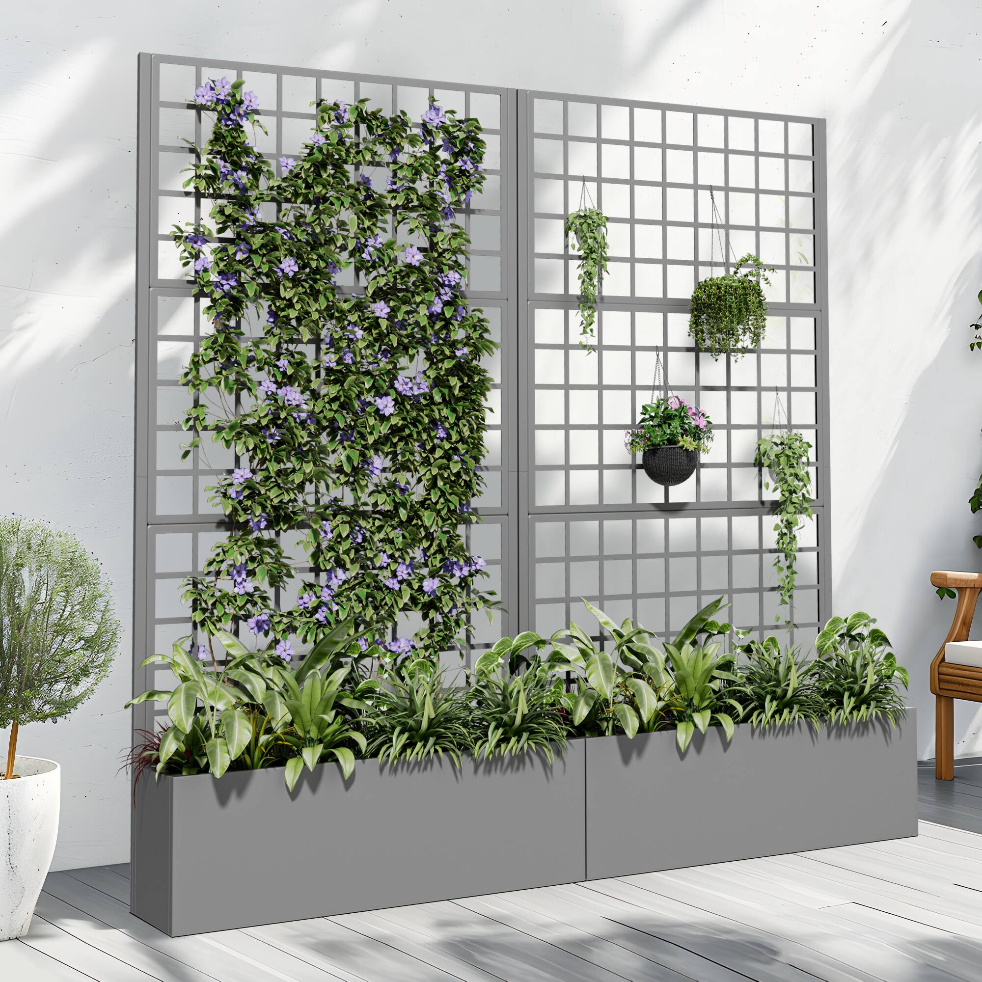 Alt View 1. PexFix - 72 in. H x 35 in. W Squared Pattern Rectangle Metal Planter Box Raised Garden Beds with Trellis-Ideal for Balcony - Gray.