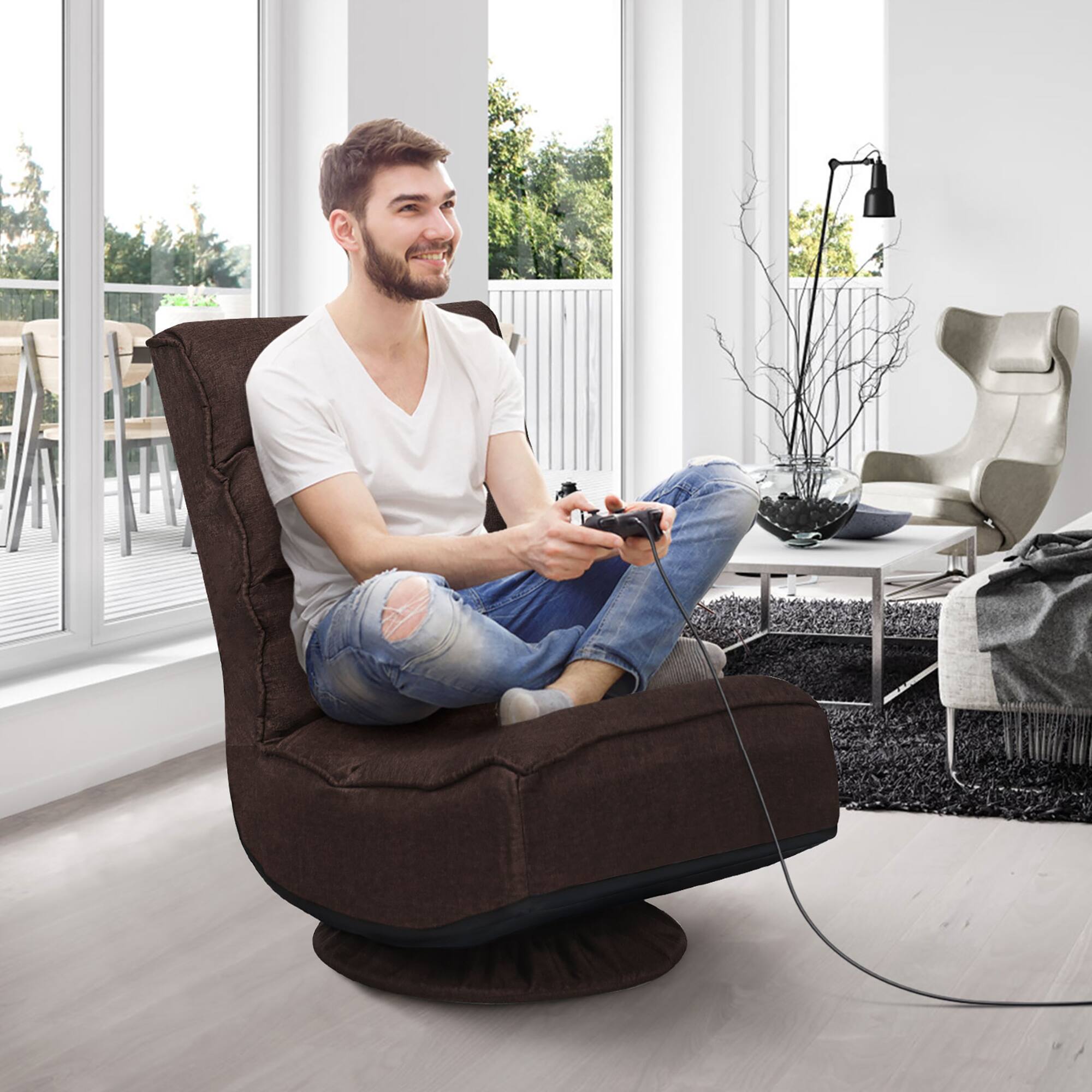 Alt View 2. Costway - Costway 360° Swivel Floor Gaming Chair 6-Position Folding Lazy Sofa Dark Brown - Dark Brown.