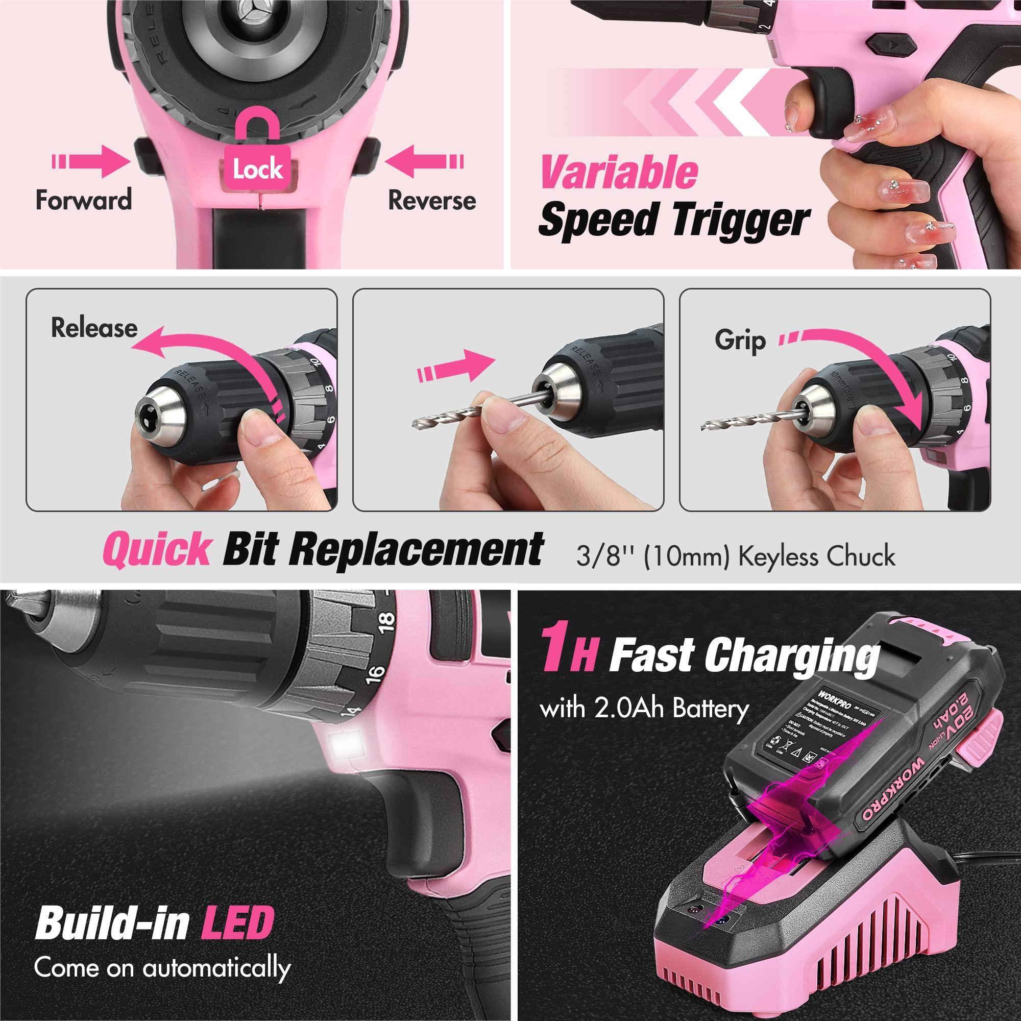 - RELE - Forward Lock Variable Reverse Speed Trigger Release
- LEAg HLZASE Grip Quick Bit Replacement
- 3/8" (10mm) Keyless Chuck
- 1H Fast Charging with 2.0Ah Battery
- WORKPRO Build-in LED Come on automatically

- Variable Speed Trigger
- Quick Bit Replacement
- 3/8" (10mm) Keyless Chuck
- 1H Fast Charging with 2.0Ah Battery
- Build-in LED Come on automatically