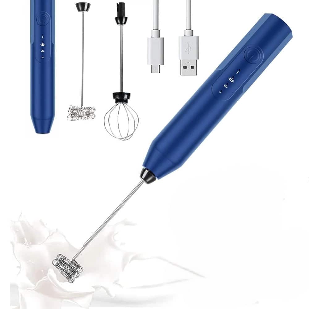 MOVSSOU - Handheld Milk & Coffee Frother Electric Mini Blender Stainless Steel Drink Mixer - Blue