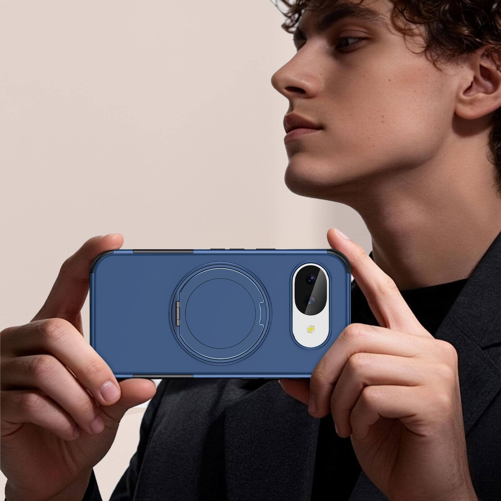Left. Dteck - Magnetic Shockproof Case for Google Pixel 10a, 360 Rotating Ring Stand Non Slip Cover with Raised Edge Protection - Blue.