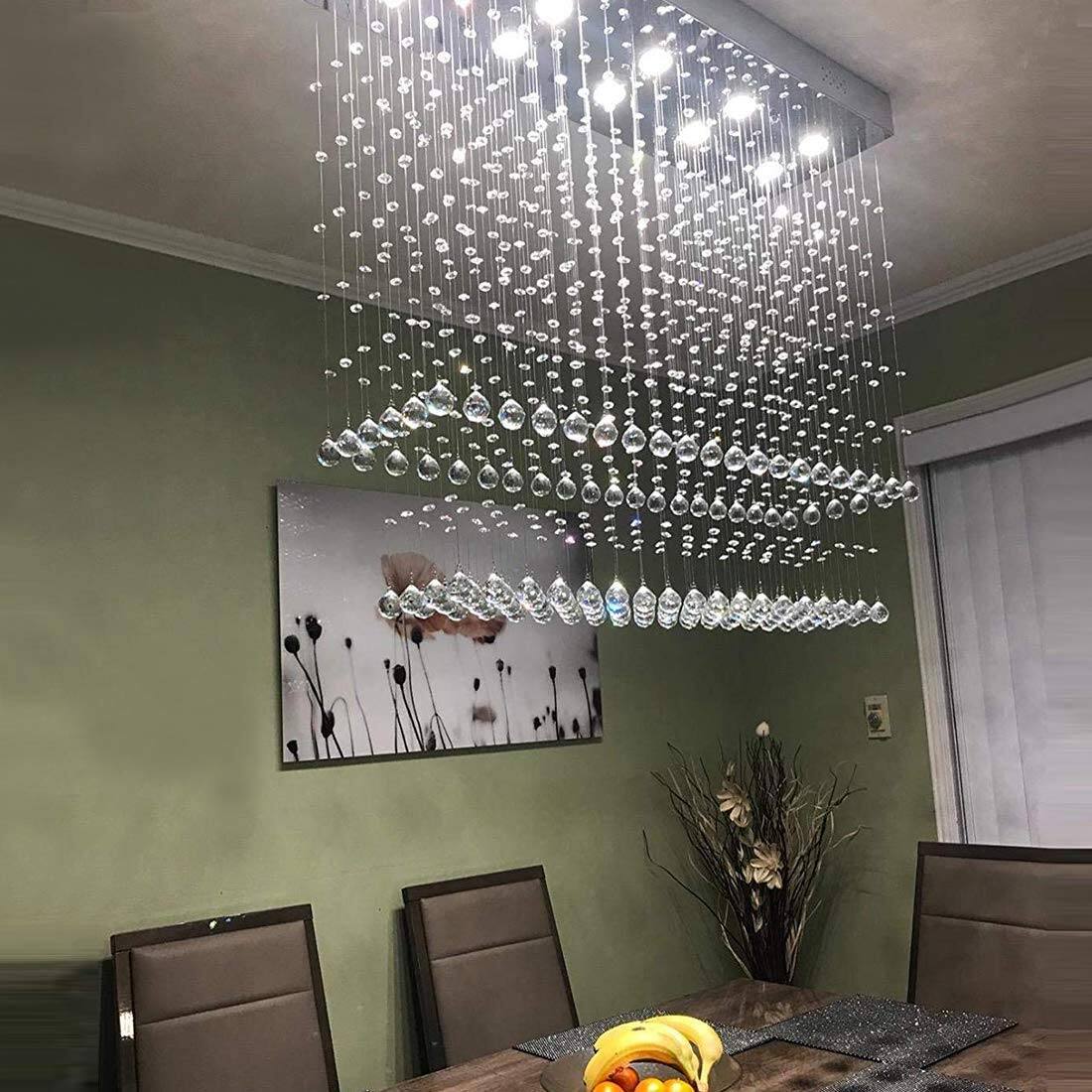 Back. Siljoy - 10-Light Modern Rectangular Raindrop Crystal Chandelier for Dining Room/Foyer/Kitchen - Metallic Gray.