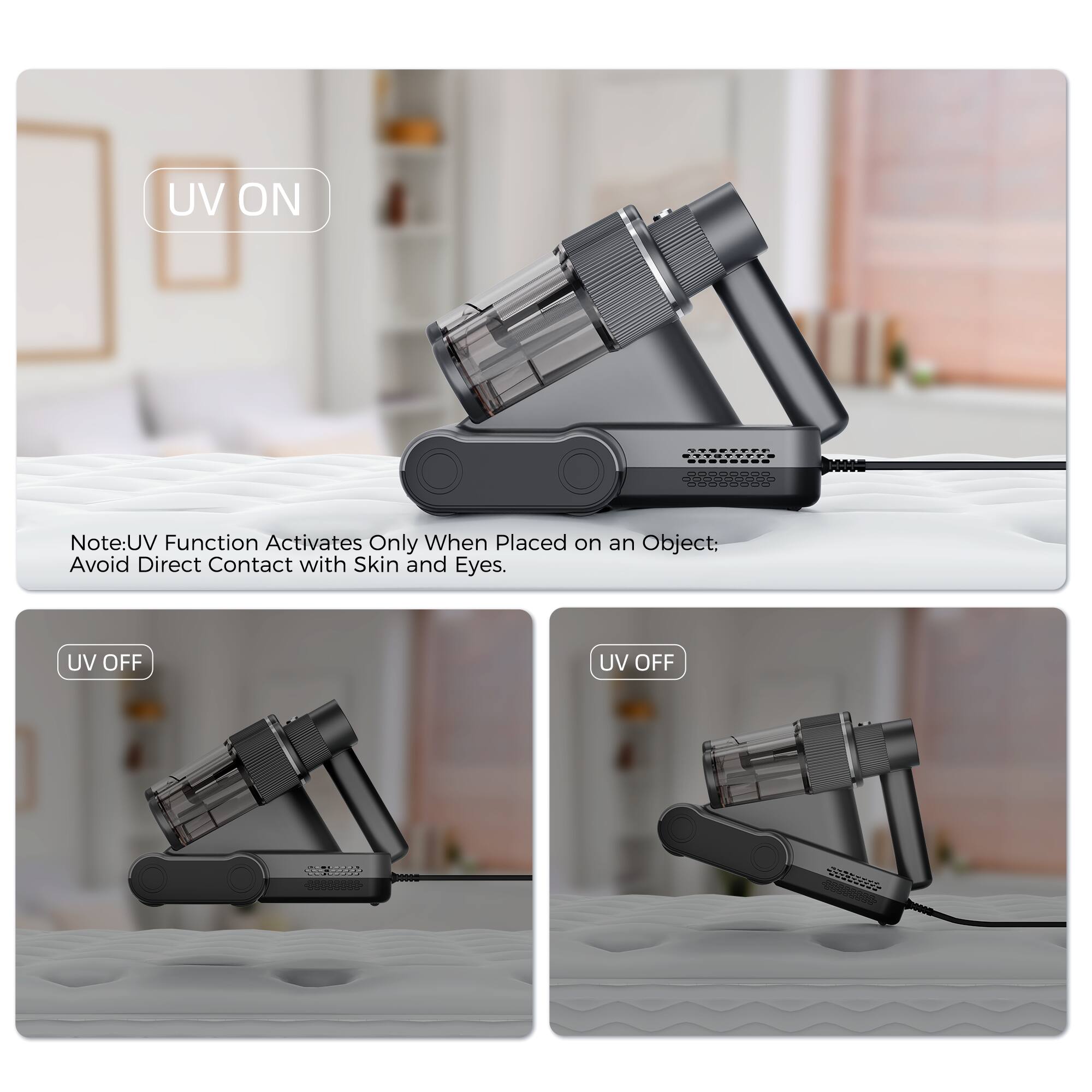 UV ON Note: UV Function Activates Only When Placed on an Object: Avoid Direct Contact with Skin and Eyes. UV OFF UV OFF