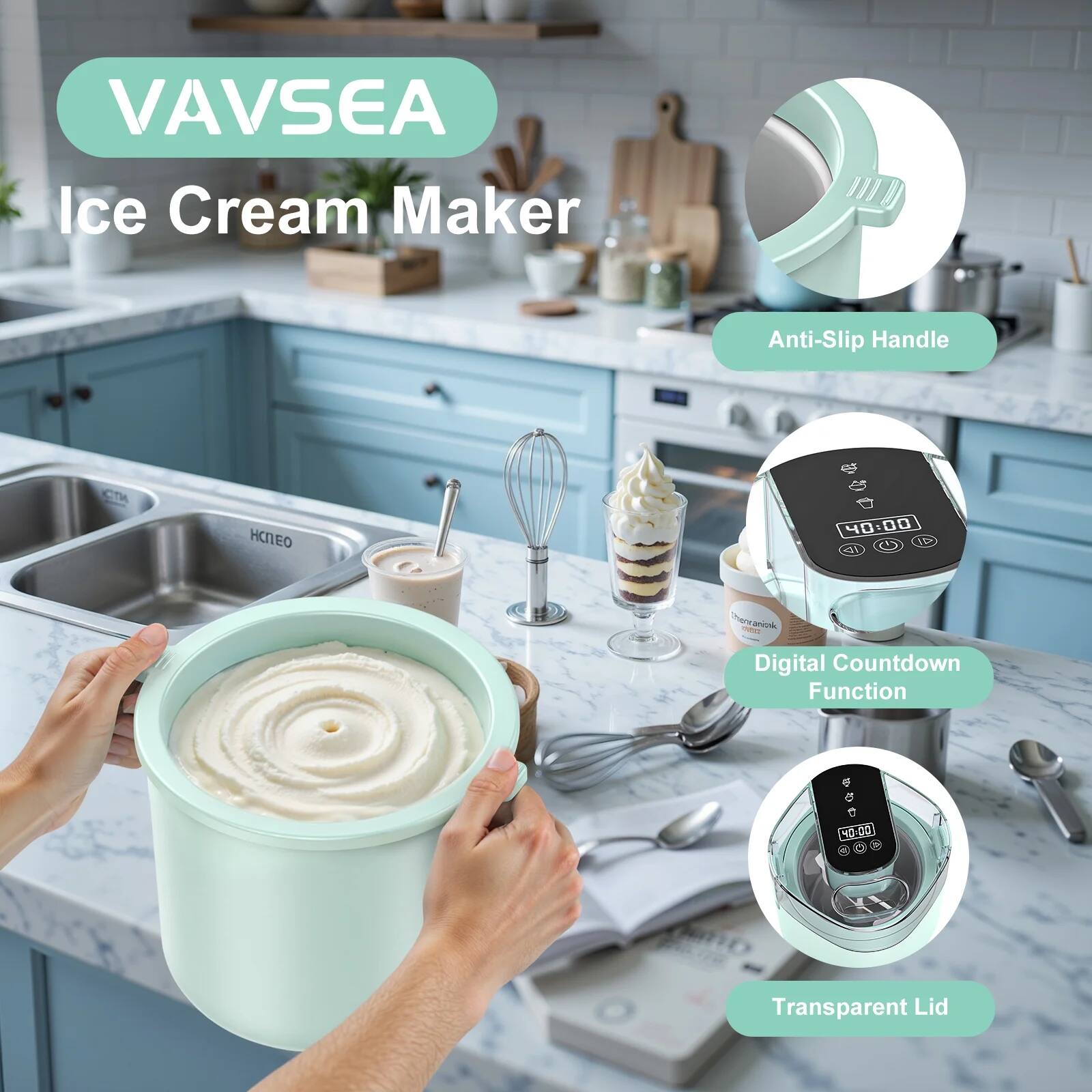 VAVSEA Ice Cream Maker

- Anti-Slip Handle
- Digital Countdown Function
- Transparent Lid