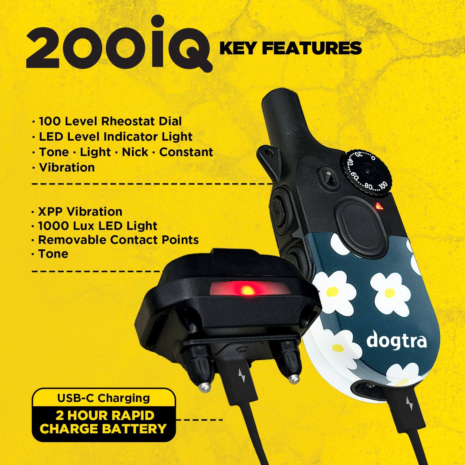 200iQ KEY FEATURES

- 100 Level Rheostat Dial
- LED Level Indicator Light
- Tone - Light - Nick - Constant
- Vibration
- XPP Vibration
- 1000 Lux LED Light
- Removable Contact Points
- Tone

USB-C Charging
2 HOUR RAPID CHARGE BATTERY