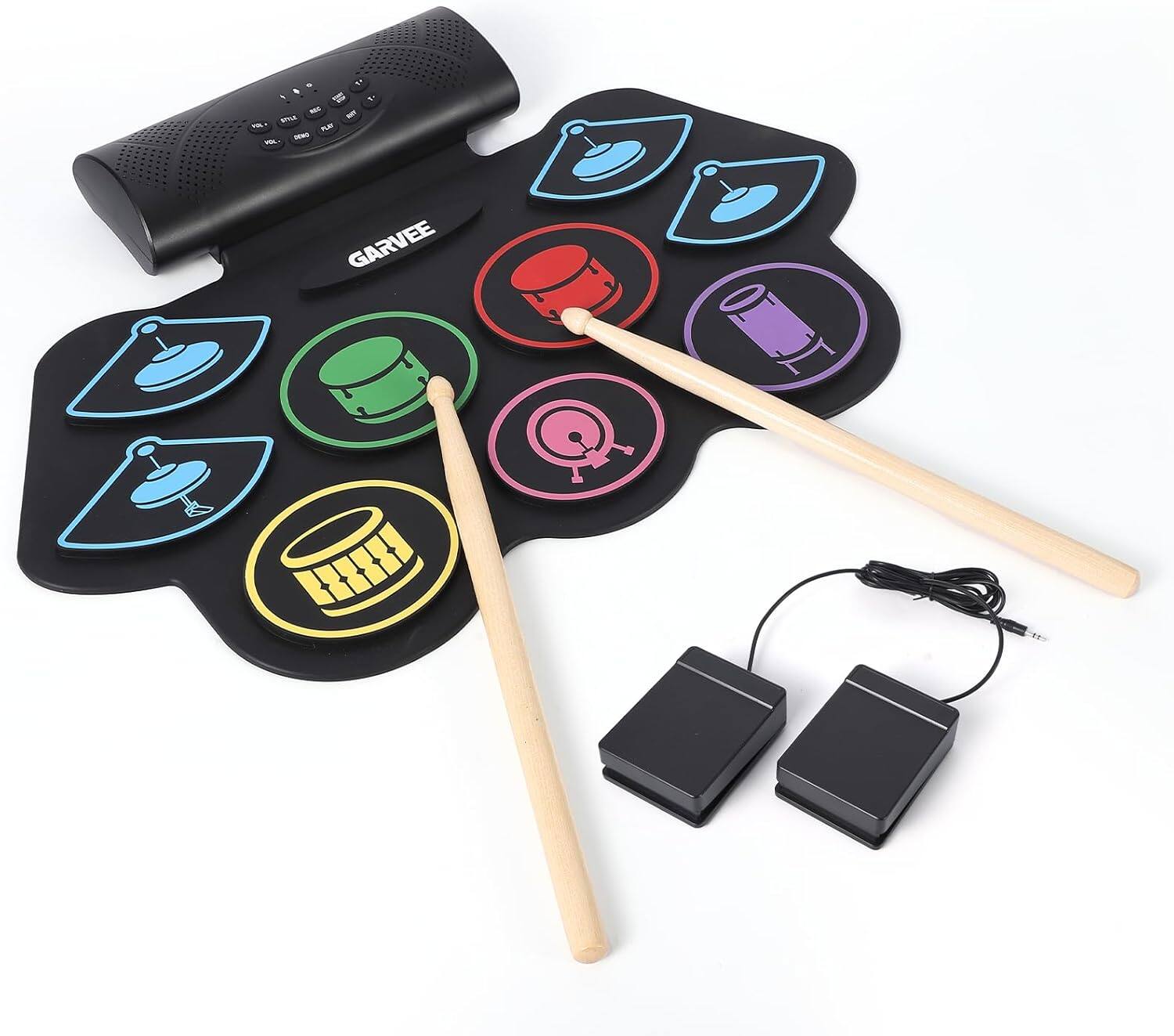 Acekool - Electronic Drum Set, 9-Drum Roll-Up Practice Pad Kit with Built-In Speakers, Drum Pedals, Sticks, Bluetooth & MIDI