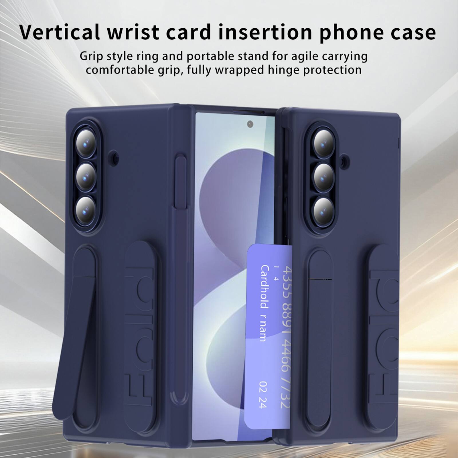 Vertical wrist card insertion phone case  
Grip style ring and portable stand for agile carrying comfortable grip, fully wrapped hinge protection  

Fold  
Cardhold nam 02 24  
- 4 4355 8891 4466 7732