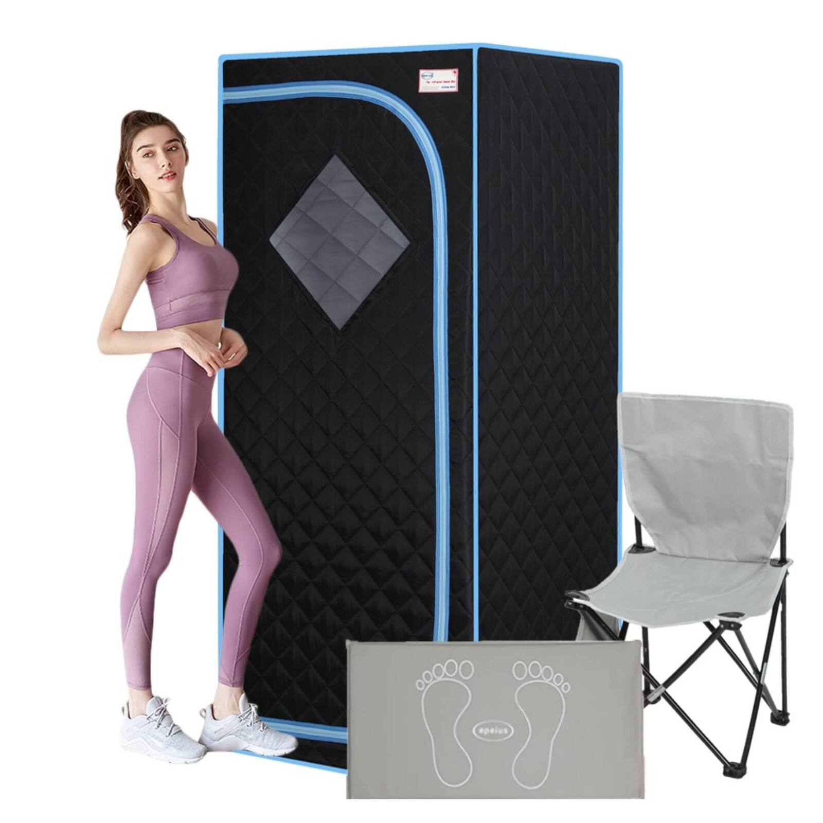 Glintex - Portable Full Size Infrared Sauna tent，Infrared Panels, Heating Foot Pad,Controller, Foldable Chair .Fast heating - Black