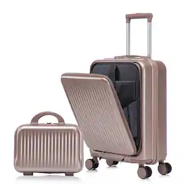 HTUTWOO - Set of 2 14" Cosmetic Case & 20" Luggage Set with Spinner Wheels - ABS Hardside Suitcase with TSA Lock, Front Opening - Champagne
