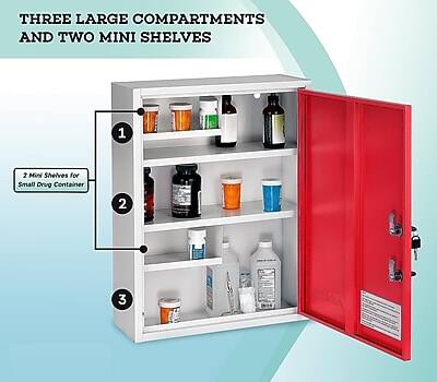 THREE LARGE COMPARTMENTS AND TWO MINI SHELVES

1. 2 Mini Shelves for Small Drug Container
2.