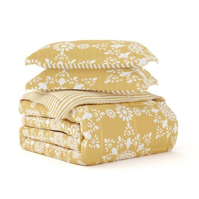 Left. Hivvago - King Size 3 Piece Yellow Reversible Daisy Medallion Stripped Comforter Set - Yellow.