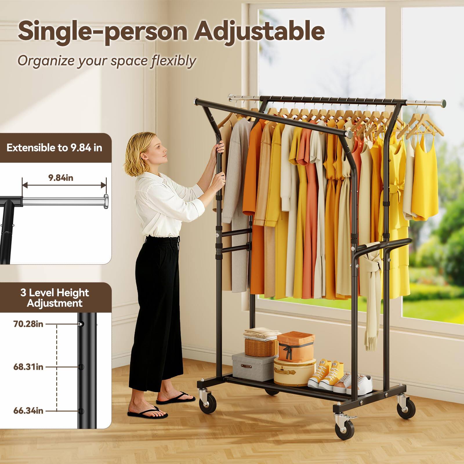 Single-person Adjustable  
Organize your space flexibly  

Extensible to 9.84 in  
9.84in  

3 Level Height Adjustment  
70.28in  
68.31in  
66.34in