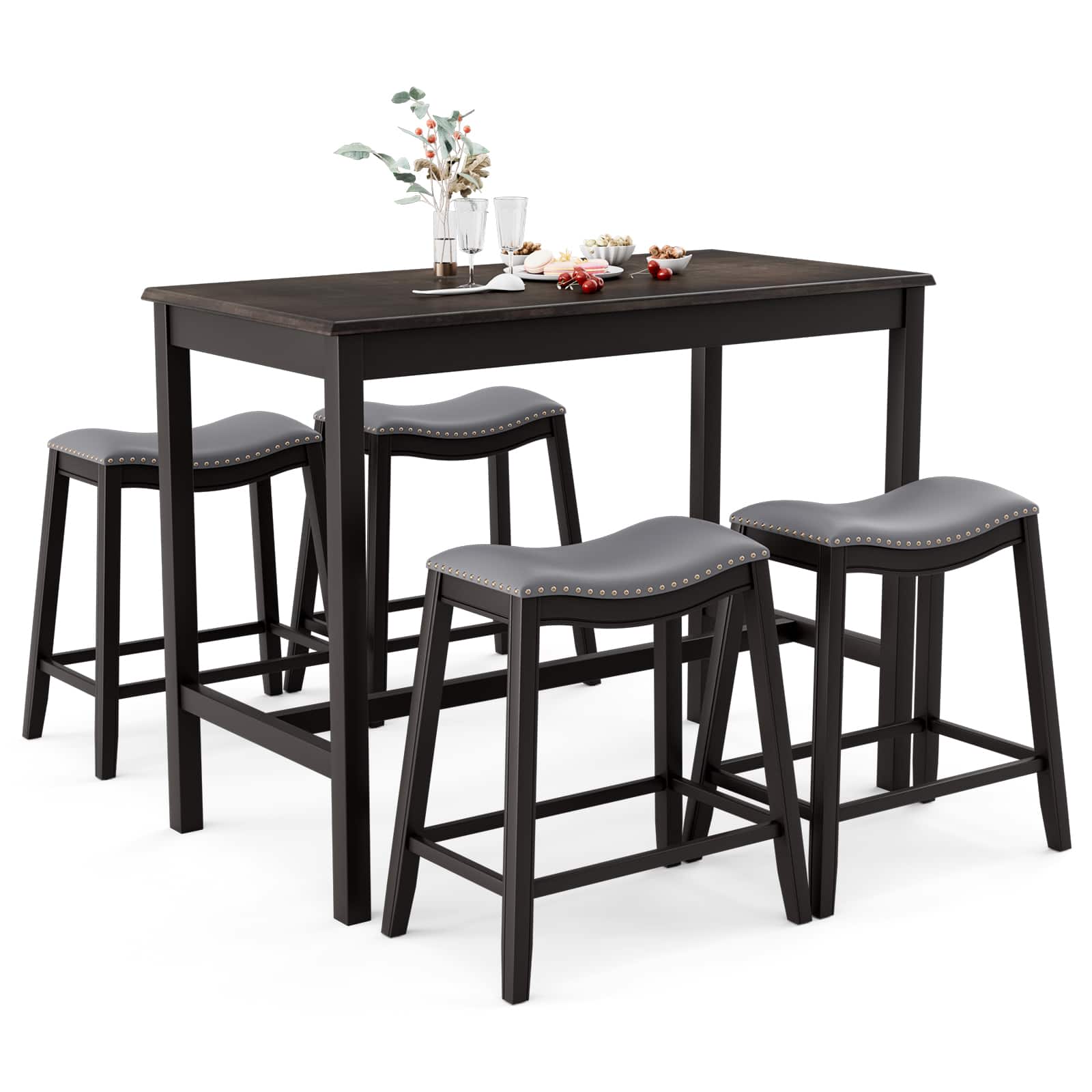 Ecooso - 5 Piece Dining Set with Upholstered Stools and Table for Home Bar or Dining Room - Black, gray
