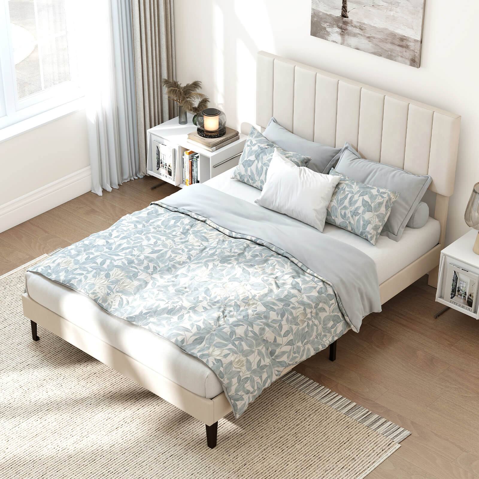 Alt View 4. Costway - Costway Full Size Velvet Bed Frame with Height Adjustable Vertical Channel Headboard - Beige.