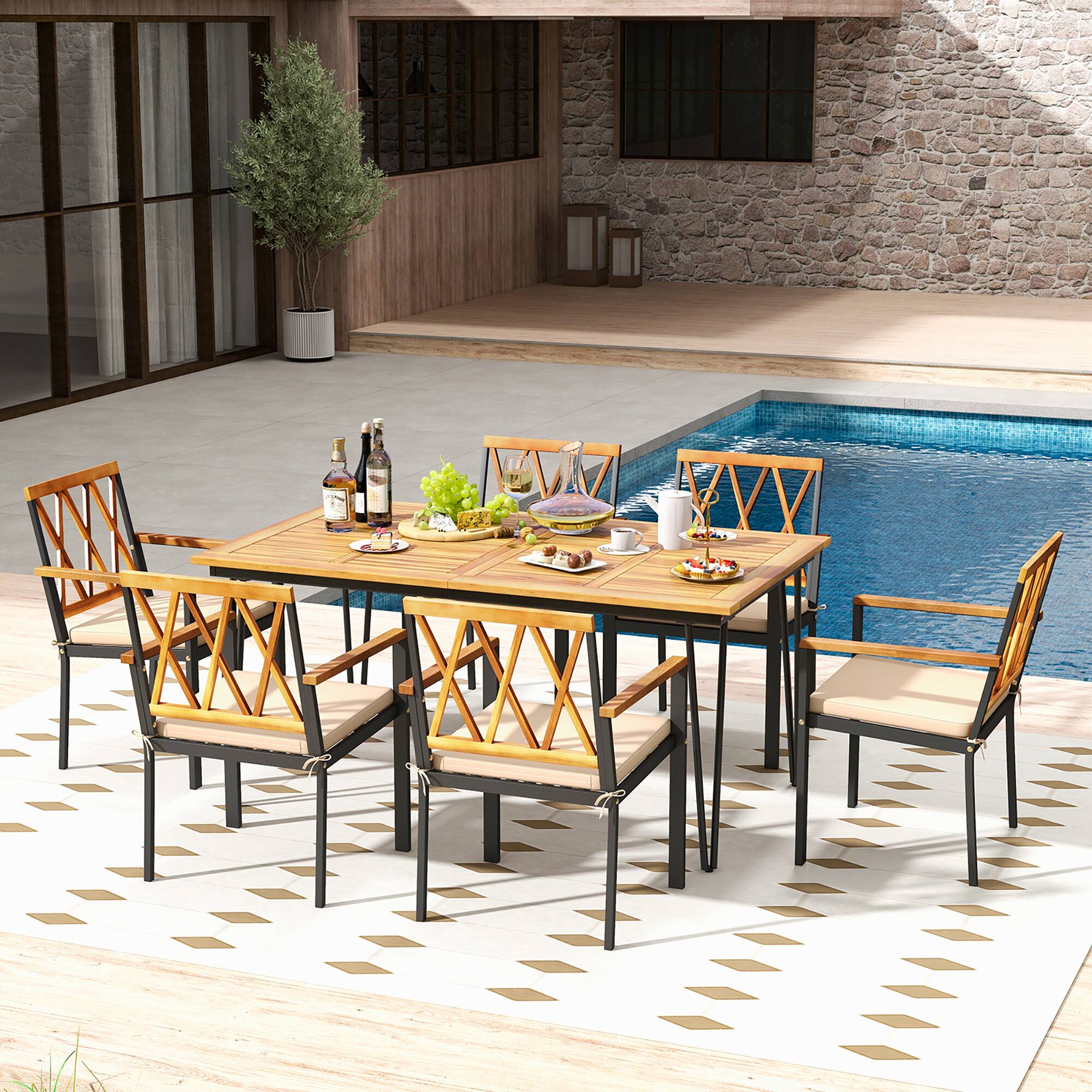 Alt View 1. Gymax - Gymax 7 PCS Patio Dining Set w/ 2'' Umbrella Hole and Seat Cushions for Garden - Natural, Black.