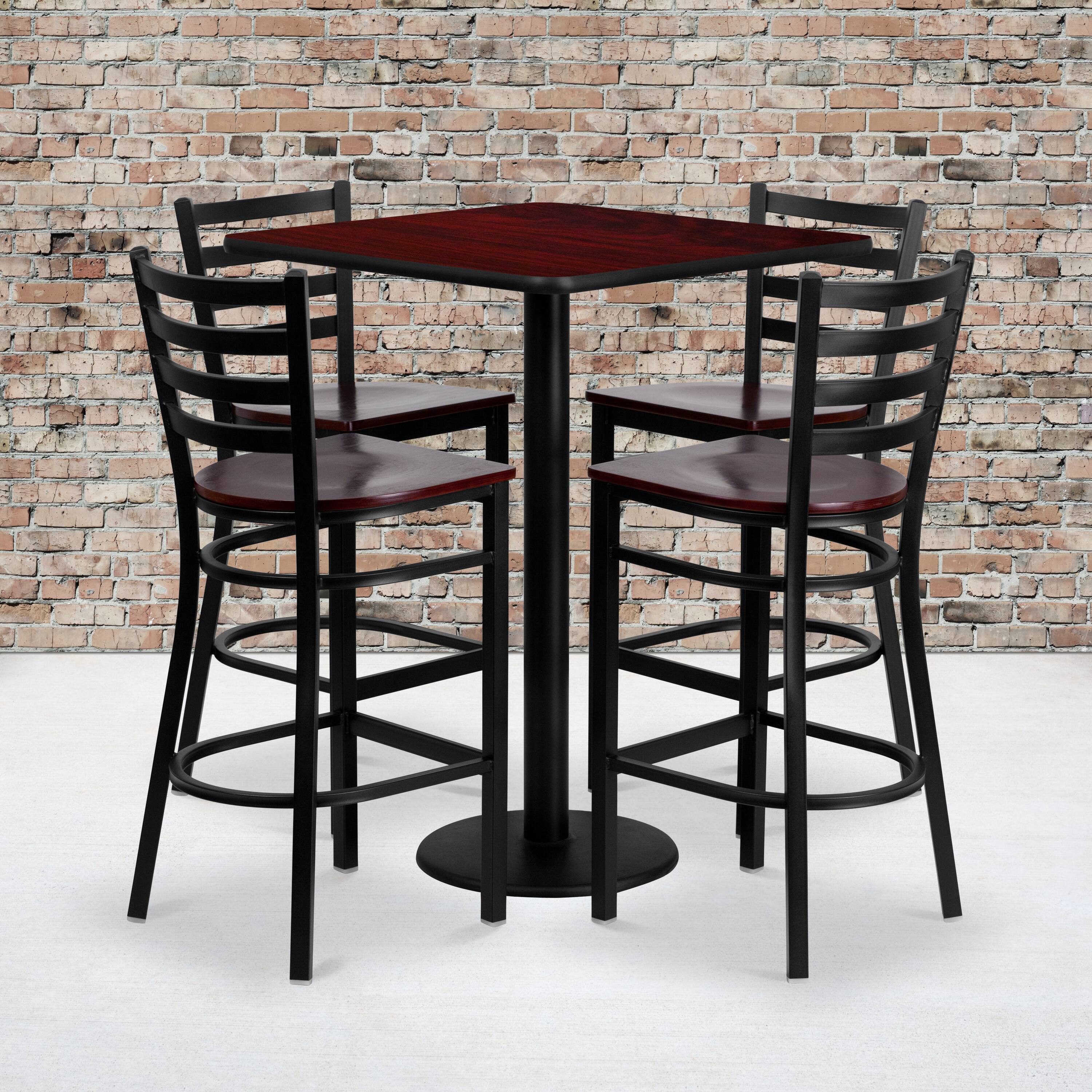 Alt View 1. Emma + Oliver - 30" Square Laminate Table Set with 4 Ladder Back Metal Barstools - Mahogany Top/Mahogany Wood Seat.