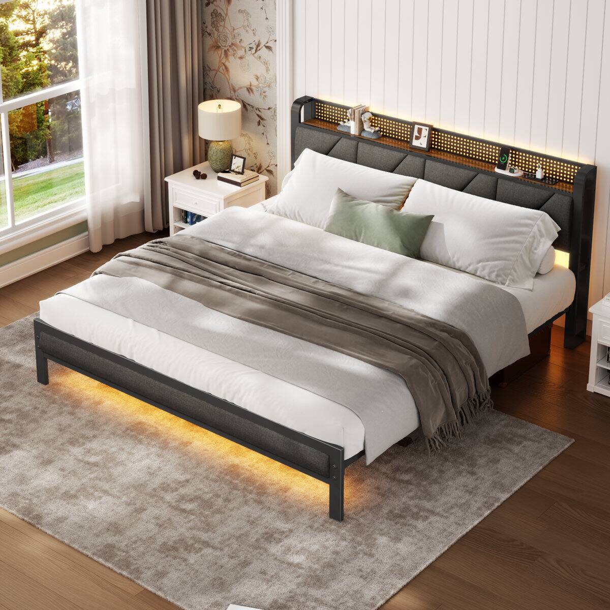 Angle. Furnulem - Metal Storage Bed Frame with Upholstered Storage Headboard & Charging Station & RGB LED - Brown.