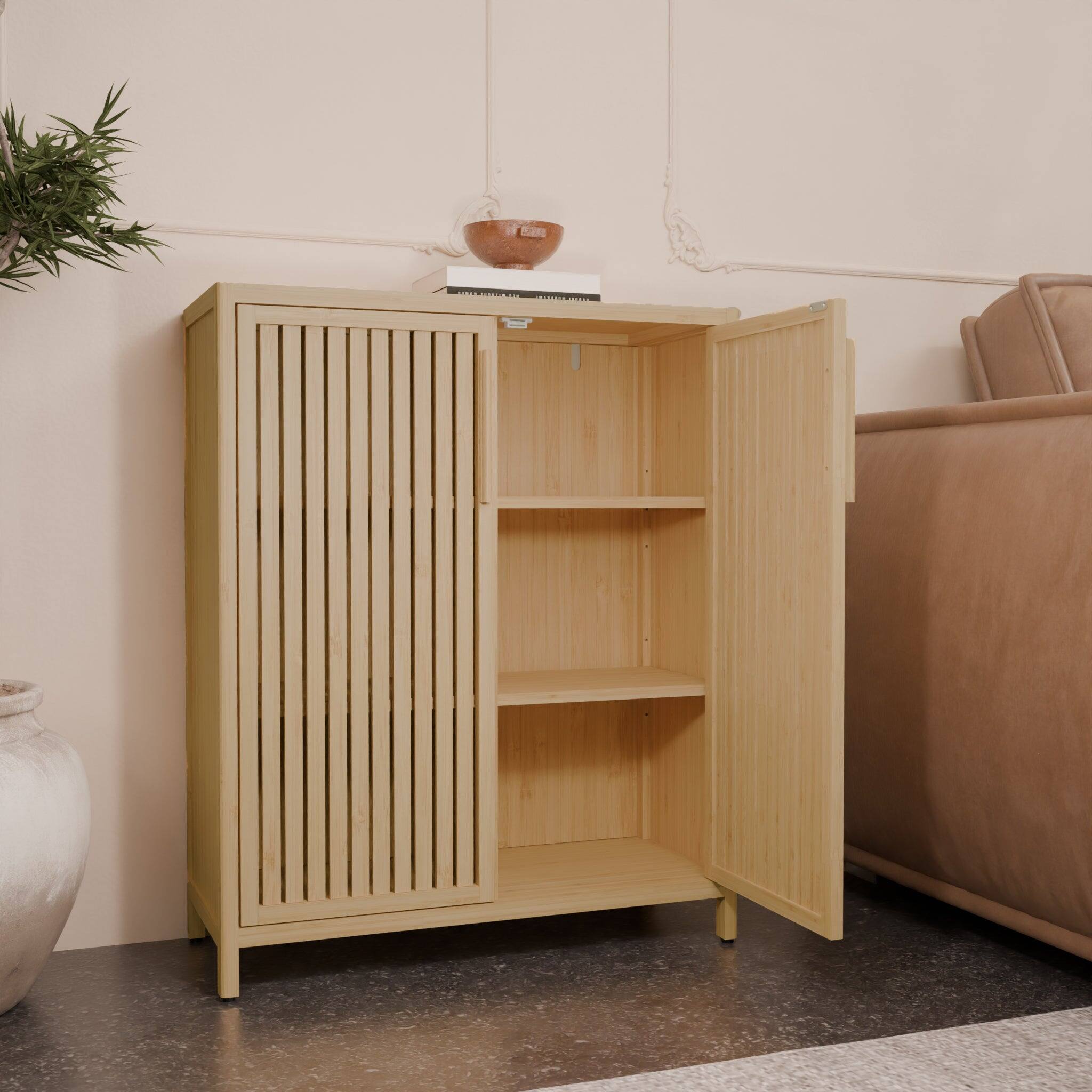 Alt View 7. Boyel Living - Forty Two Inch Bamboo Storage Cabinet Multi Scene Use with Open Shelves Shoe or Bathroom Cabinet - Natural.