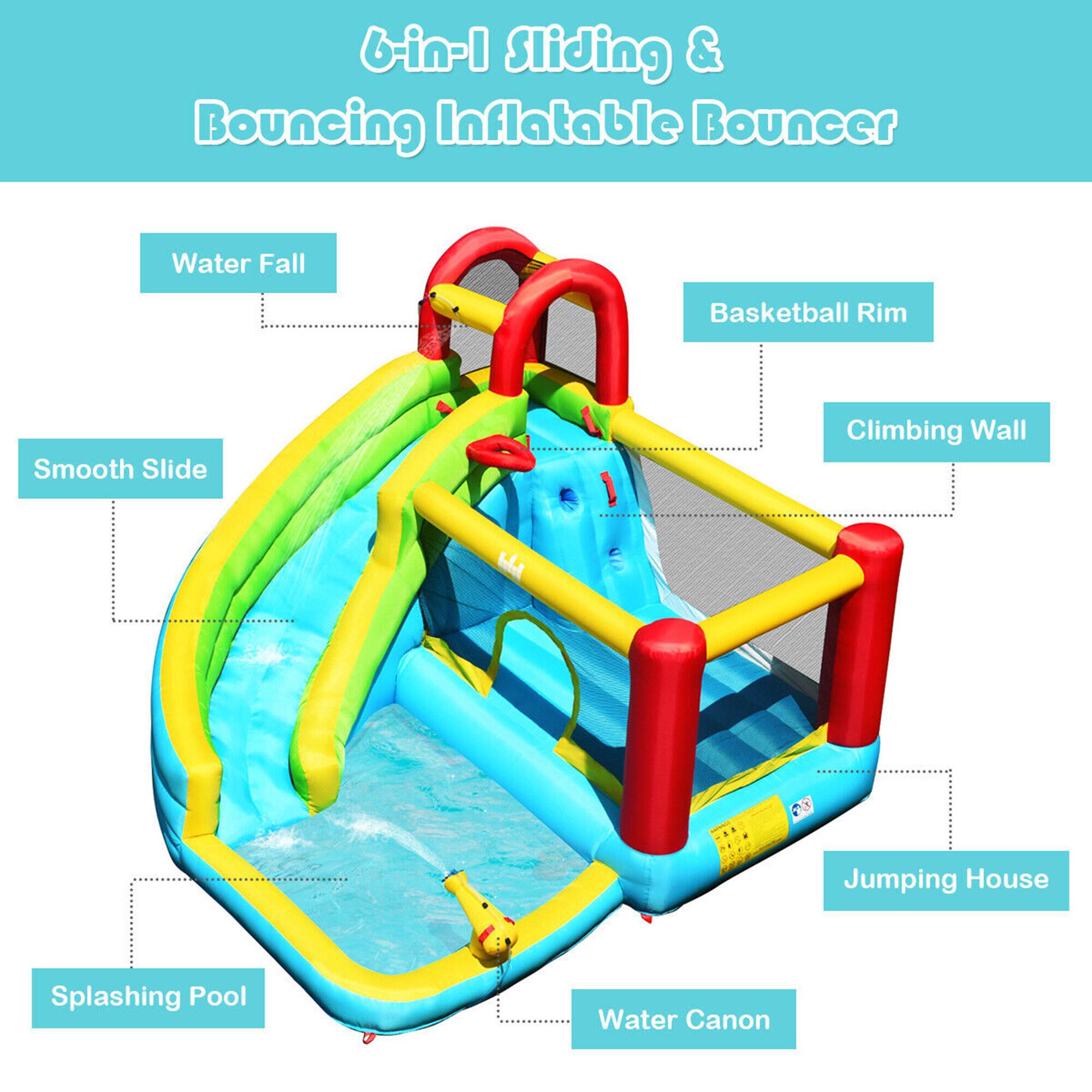 6-in-1 Sliding & Bouncing Inflatable Bouncer

- Water Fall
- Basketball Rim
- Climbing Wall
- Jumping House
- Water Canon
- Splashing Pool
- Smooth Slide