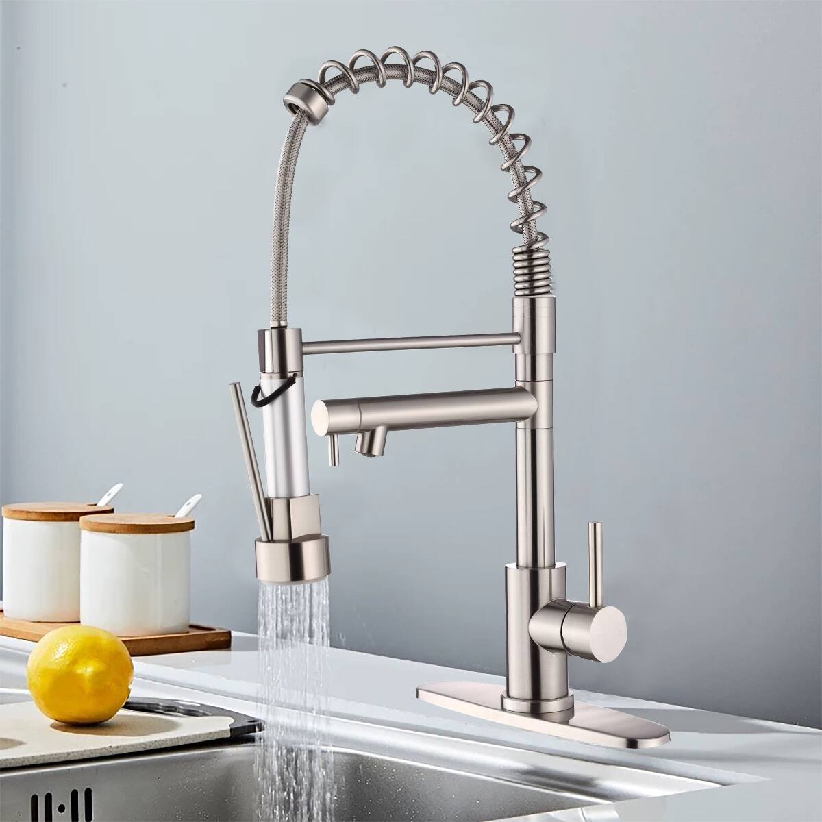 Back. Ropilly - Ropilly Pull Down Kitchen Faucet, Touch On Single Handle, Brushed Nickel Spring Neck Single Hole Faucet - Brushed Nickel.