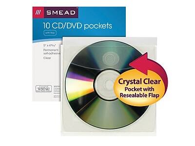 SMEAD 10 CD/DVD pockets with top  
5" x 4 3/4" Permanent, self-adhesive Clear  
Crystal Clear Pocket with Resealable Flap