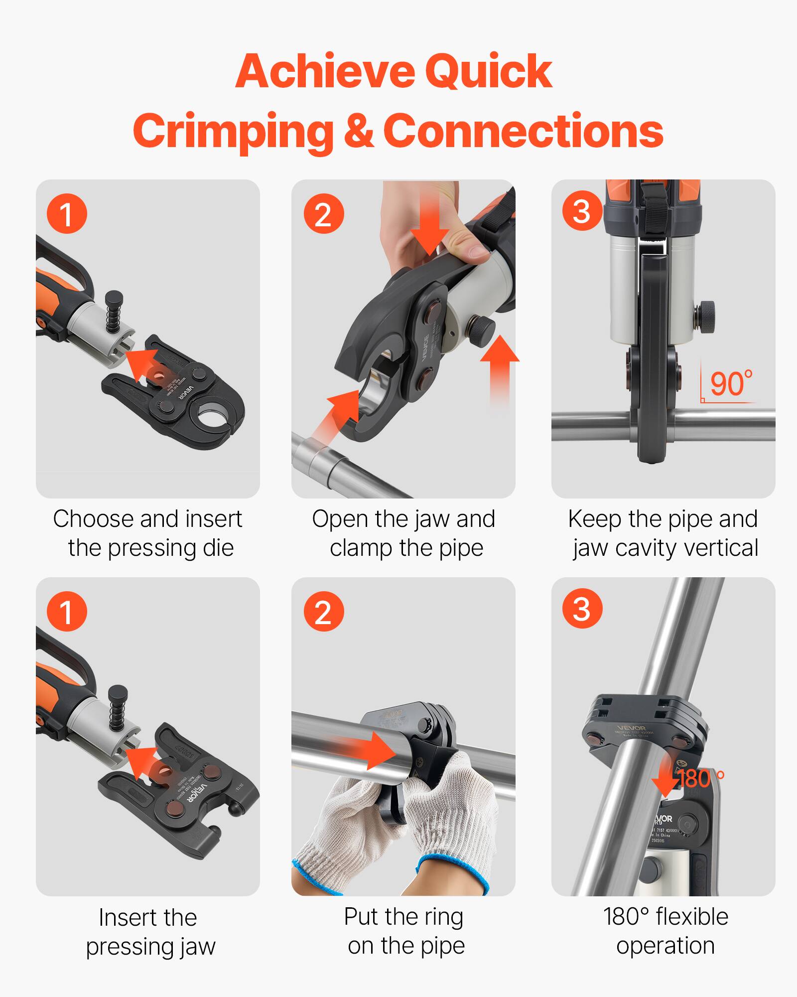 Achieve Quick Crimping & Connections

1. Choose and insert the pressing die
2. Open the jaw and clamp the pipe
3. Keep the pipe and jaw cavity vertical

1. Insert the pressing jaw
2. Put the ring on the pipe
3. 180° flexible operation