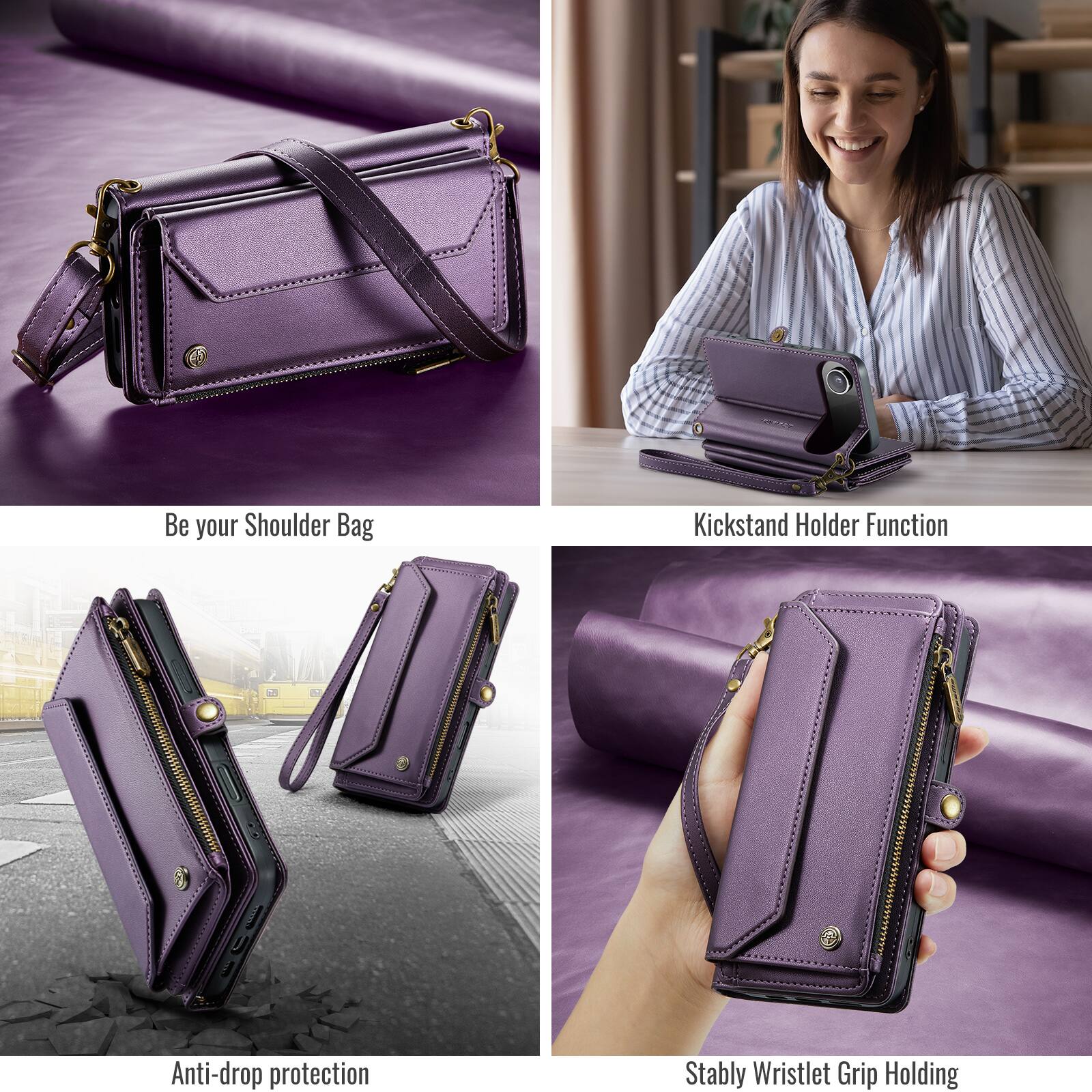 Be your Shoulder Bag  
Kickstand Holder Function  
Anti-drop protection  
Stably Wristlet Grip Holding