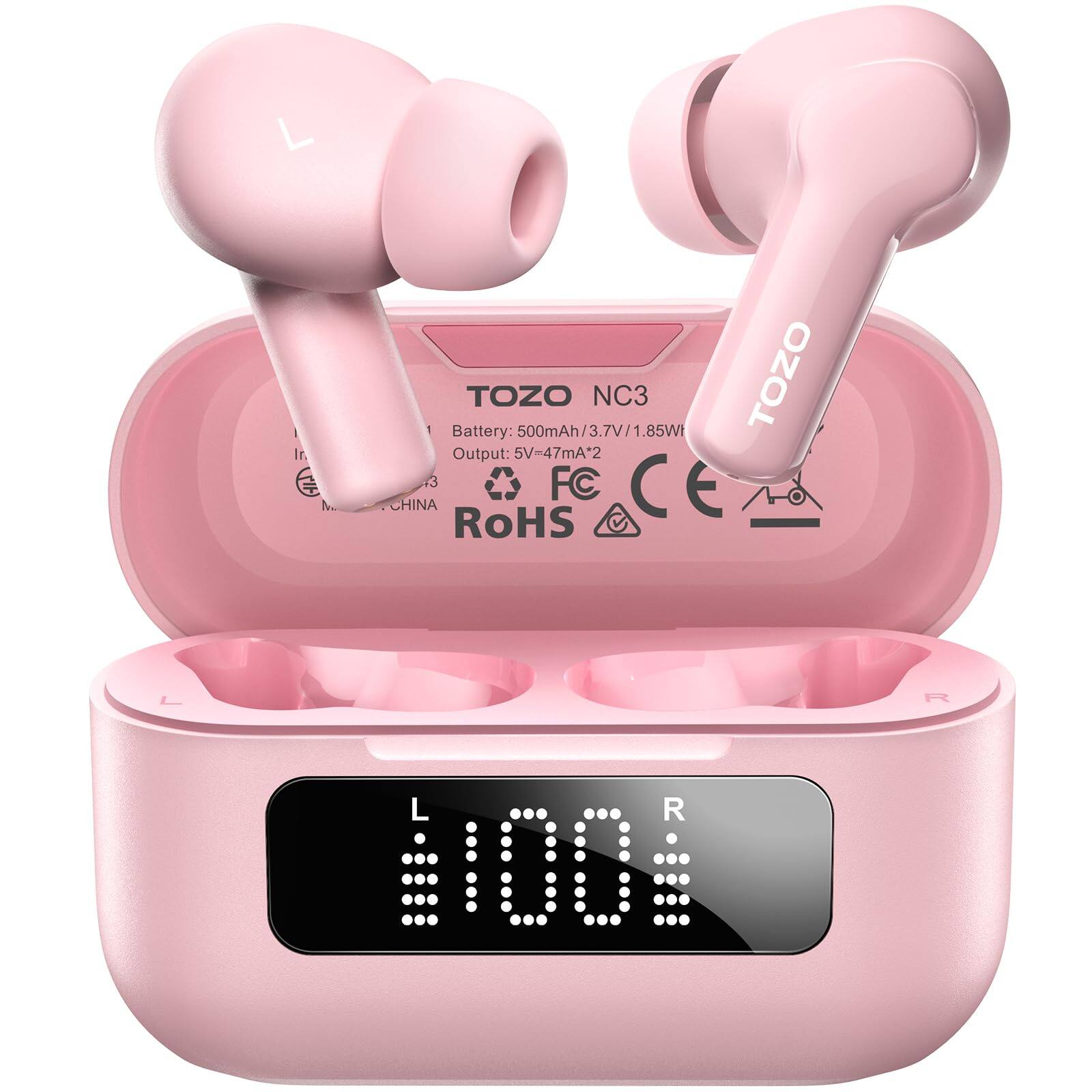 TOZO - Hybrid Active Noise Cancelling Earbuds, 6 Mics AI Clear Call, 55H Playtime, LED Display, 32 EQ, Bluetooth 5.3, IPX8 - Pink