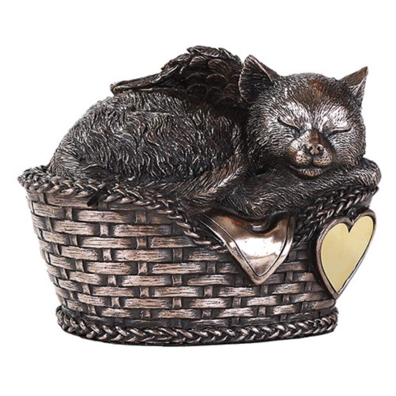 Pacific Trading - Angel Cat Sleeping in Basket Cremation Urn Finish Bottom Load 30 Cubic Inch Pet Memorial - Bronze