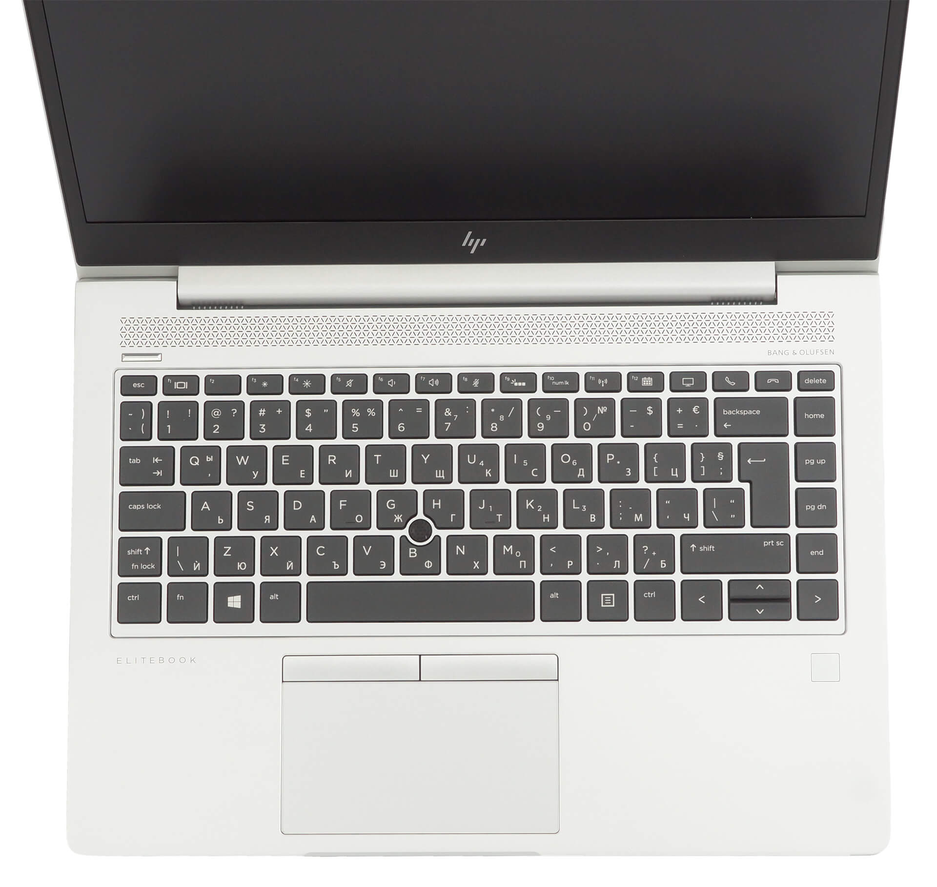 Sure, here is the corrected and grouped text:

- BANG & OLUFSEN
- ELITEBOOK
- HP

Keyboard layout:
- esc
- F1 F2 F3 F4 F5 F6 F7 F8 F9 F10 F11 F12
- ` 1 2 3 4 5 6 7 8 9 0 - = backspace
- tab Q W E R T Y U I O P [ ] \
- caps lock A S D F G H J K L ; ' return
- shift Z X C V B N M , . / shift
- fn ctrl alt spacebar alt fn
- home pg up pg dn end
- ins del
- prt sc
- num lock
- scroll lock
- insert
- delete