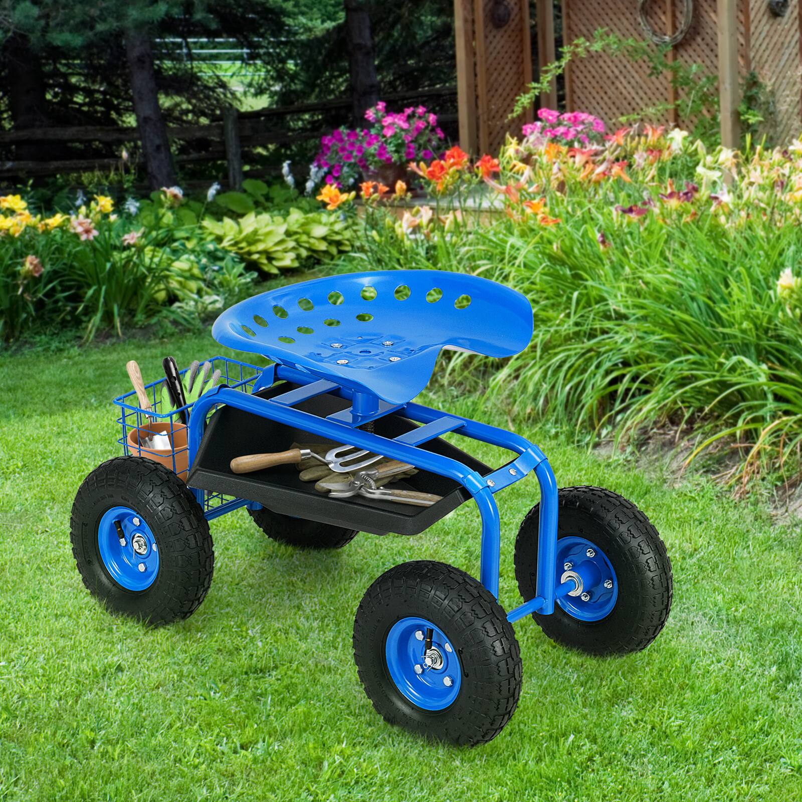 Alt View 7. SKONYON - Heavy Duty Garden Rolling Seat Cart with Large Pneumatic Wheels and Tool Tray Storage - Blue.
