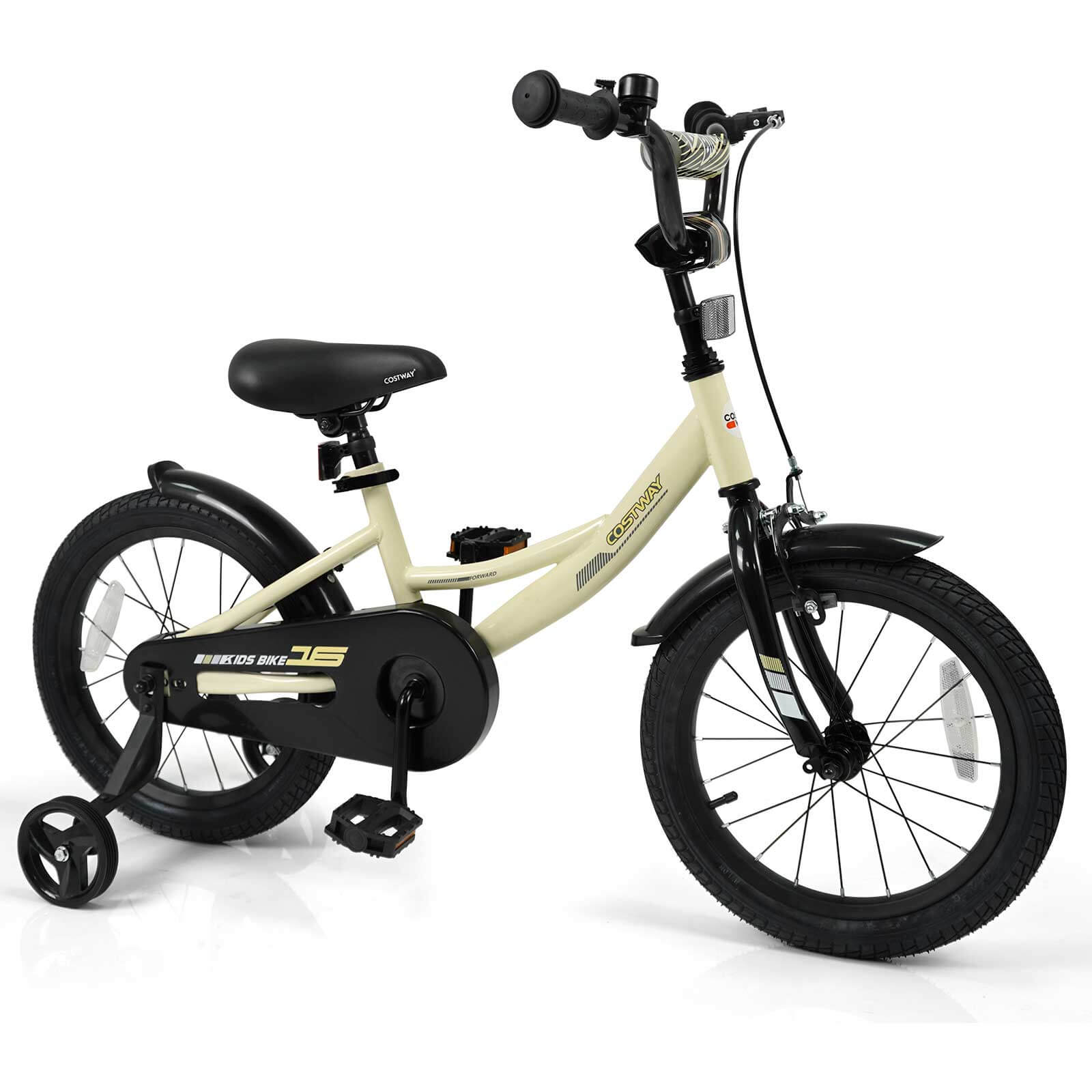 Costway - 16 Inch Kids Bike with Training Wheels Dual Brakes Adjustable Seat Handlebar Height - Beige