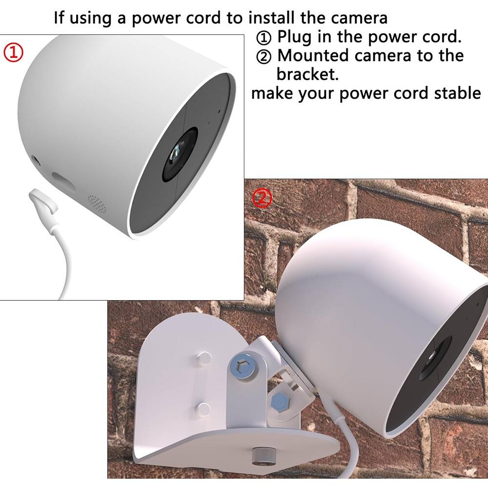 If using a power cord to install the camera:

1. Plug in the power cord.
2. Mount the camera to the bracket.
   - Make your power cord stable.