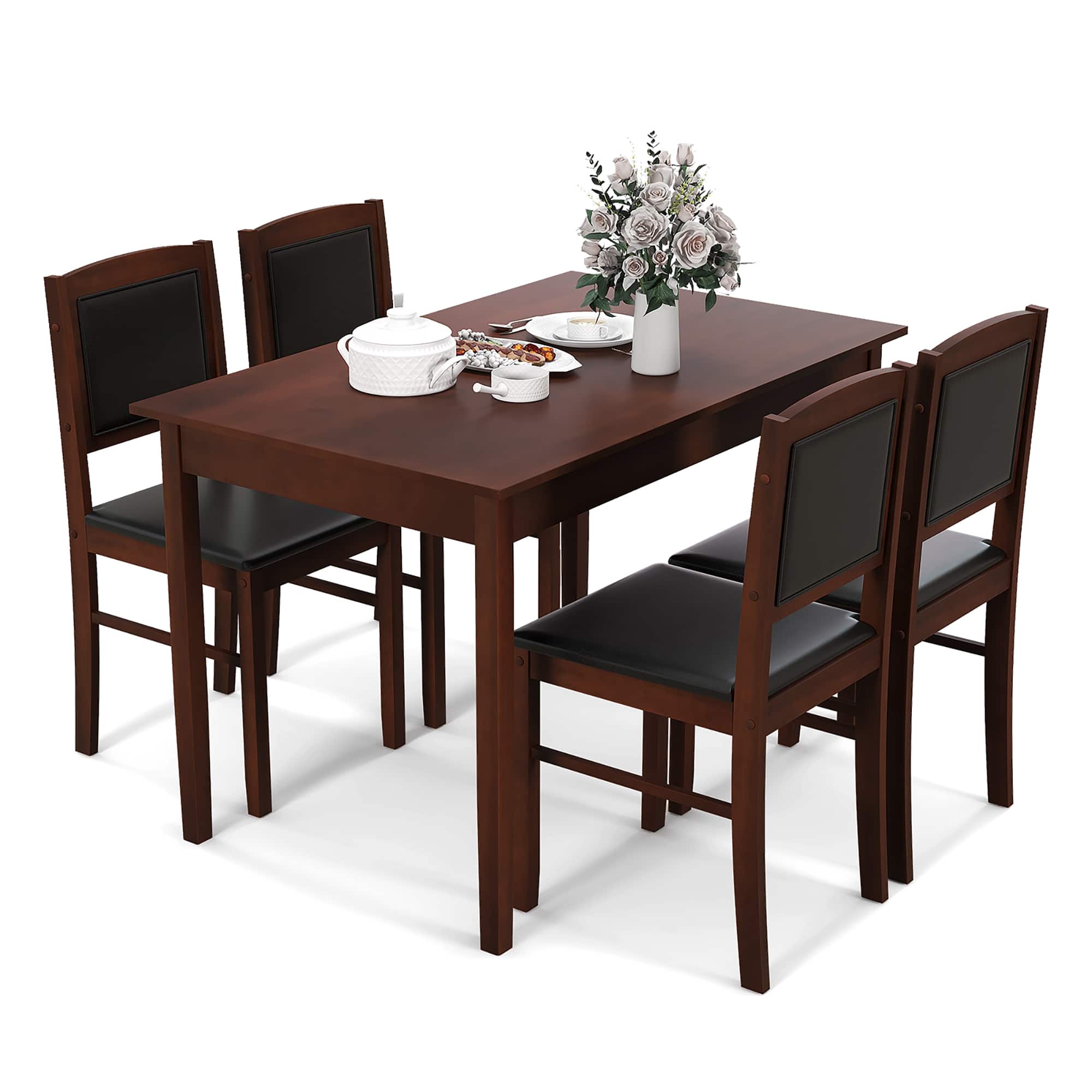 Gymax - 5 PCS Dining Table Set for 4 w/Rubber Wood Legs Upholstered Seat Padded Backrest - Brown