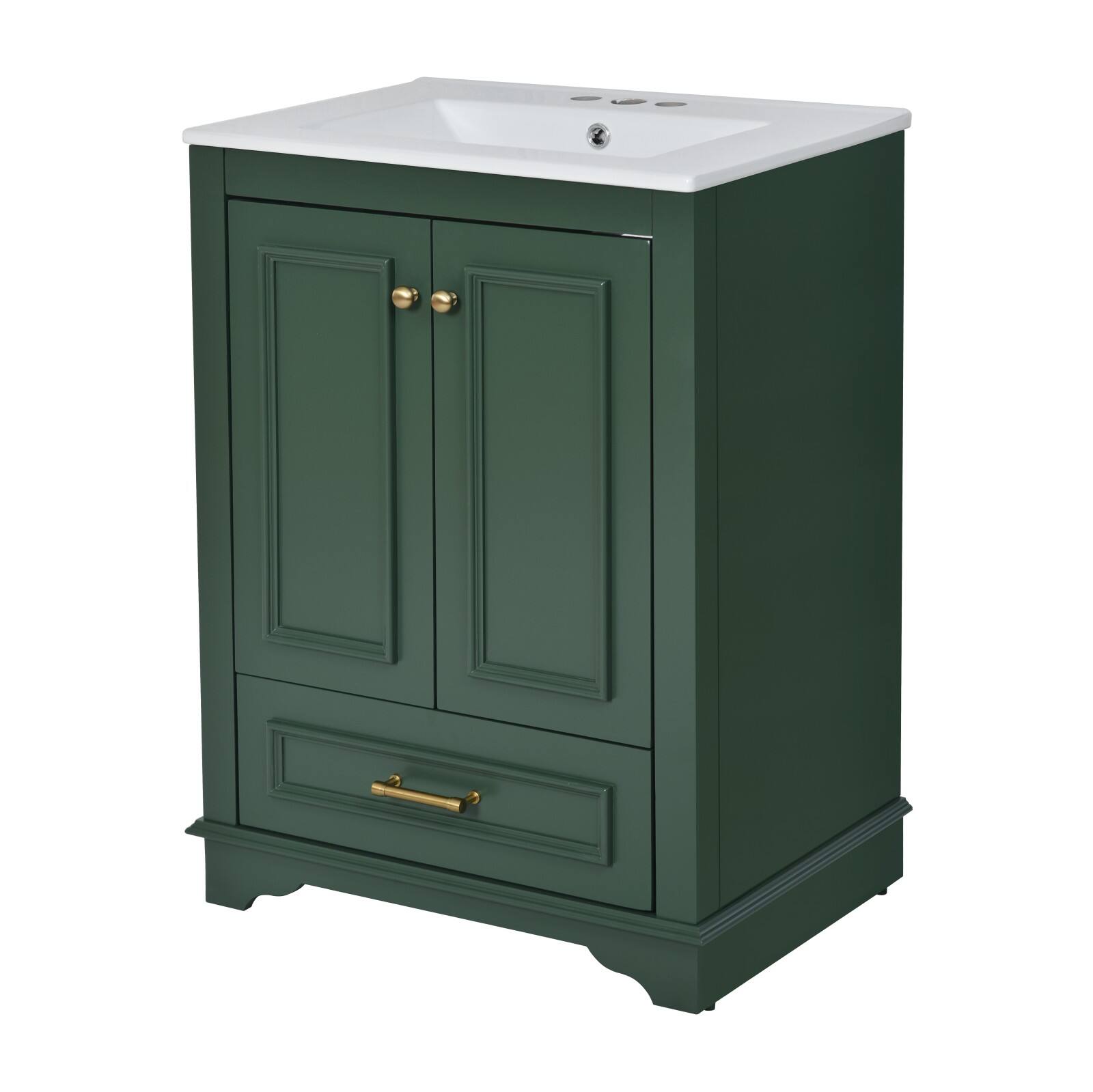 Front. Glintex - 24'' Bathroom Vanity with Ceramic Sink Combo,Freestanding Storage Cabinet  with Silver Handles,  Soft Closing Doors - Green.