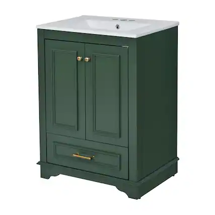 Front. Glintex - 24'' Bathroom Vanity with Ceramic Sink Combo,Freestanding Storage Cabinet with Silver Handles, Soft Closing Doors - Green.