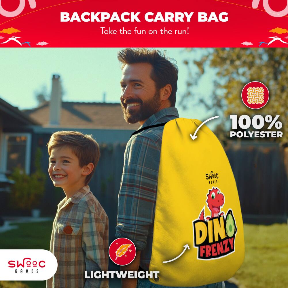 BACKPACK CARRY BAG  
Take the fun on the run!  

100% POLYESTER  

DINO FRENZY  

LIGHTWEIGHT  

SWOOC GAMES