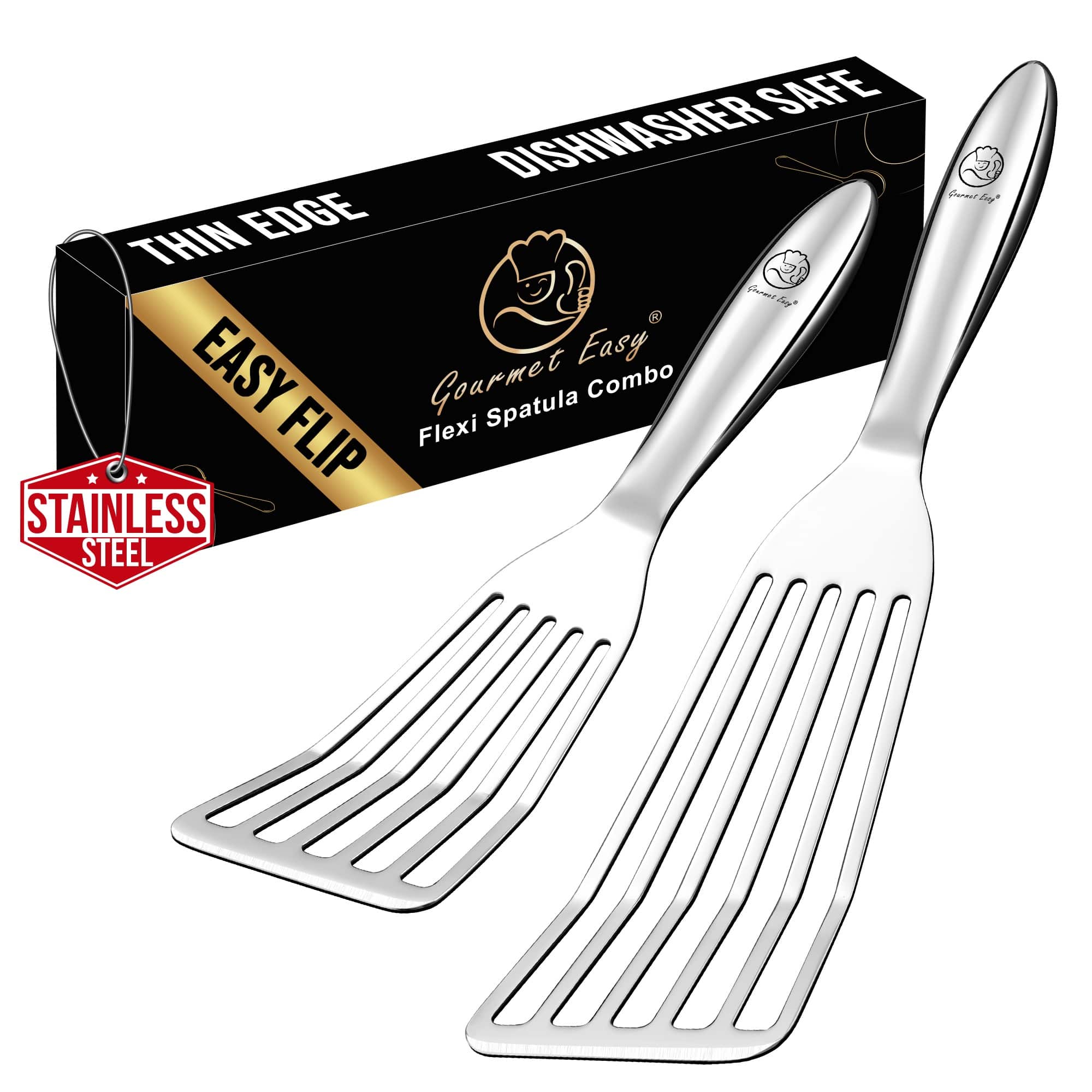 Gourmet Easy - Fish Spatula Set – 1 Large + 1 Small Metal Spatula for Kitchen - Stainless Steel