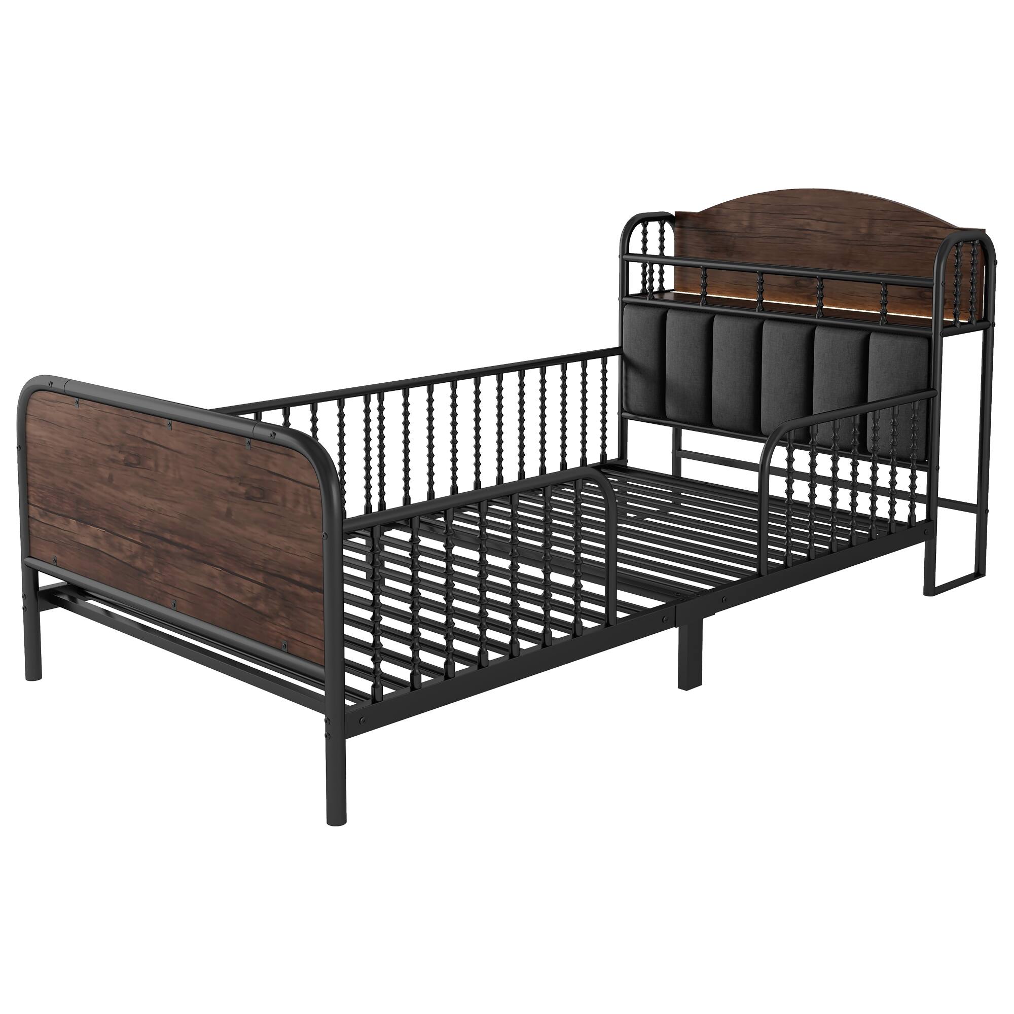 Alt View 2. LUCKY ONE - Twin Size Kids Metal Platform Bed Frame with Light and Storage Headboard - Black.