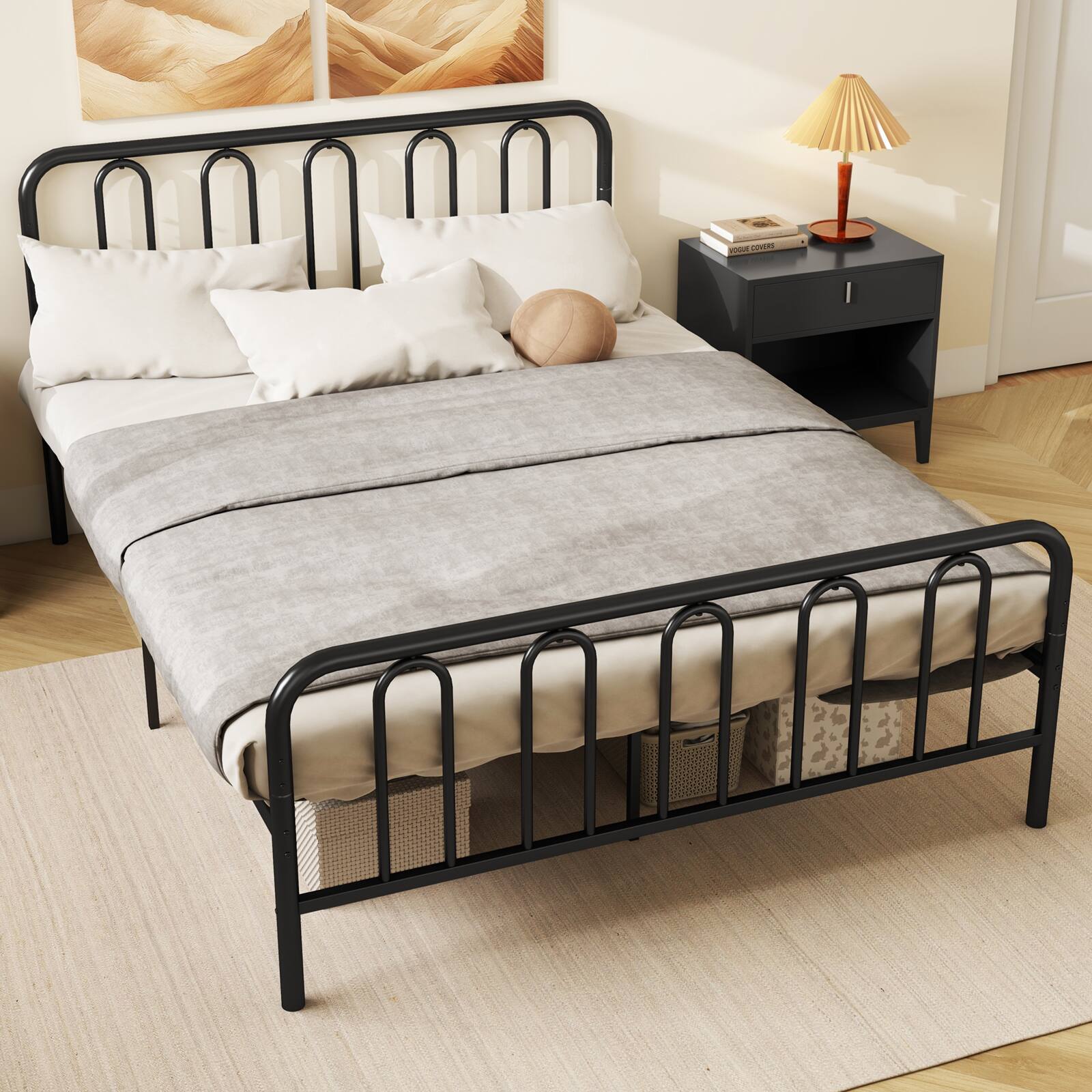Gymax - Stylish Queen Size Metal Bed Frame Platform Bed Base w/ Headboard & Footboard - Black
