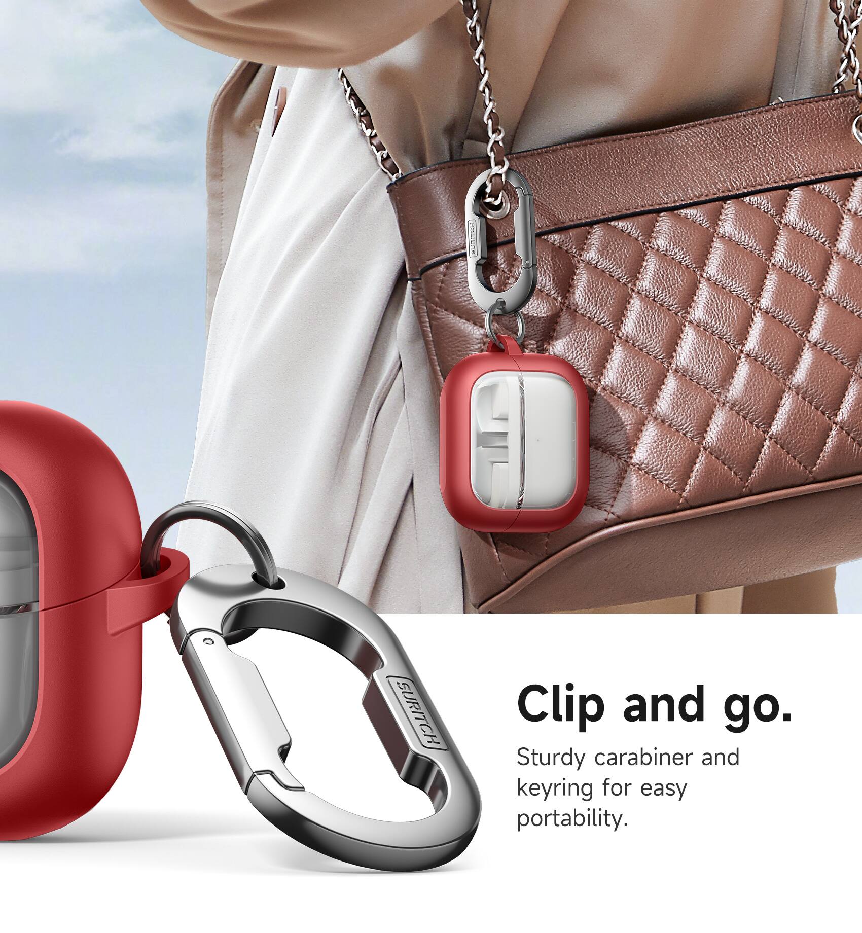 Clip and go.  
Sturdy carabiner and keyring for easy portability.