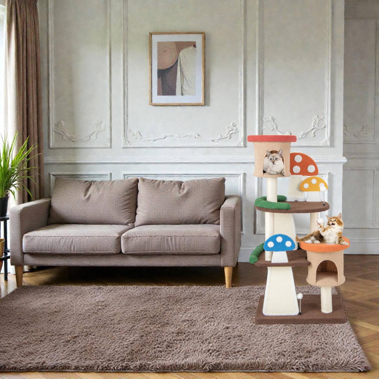 Front. BreeBe - Multi-Function Indoor Cat Tree Featuring Two Hideouts and Layered Perches - Multicolor.