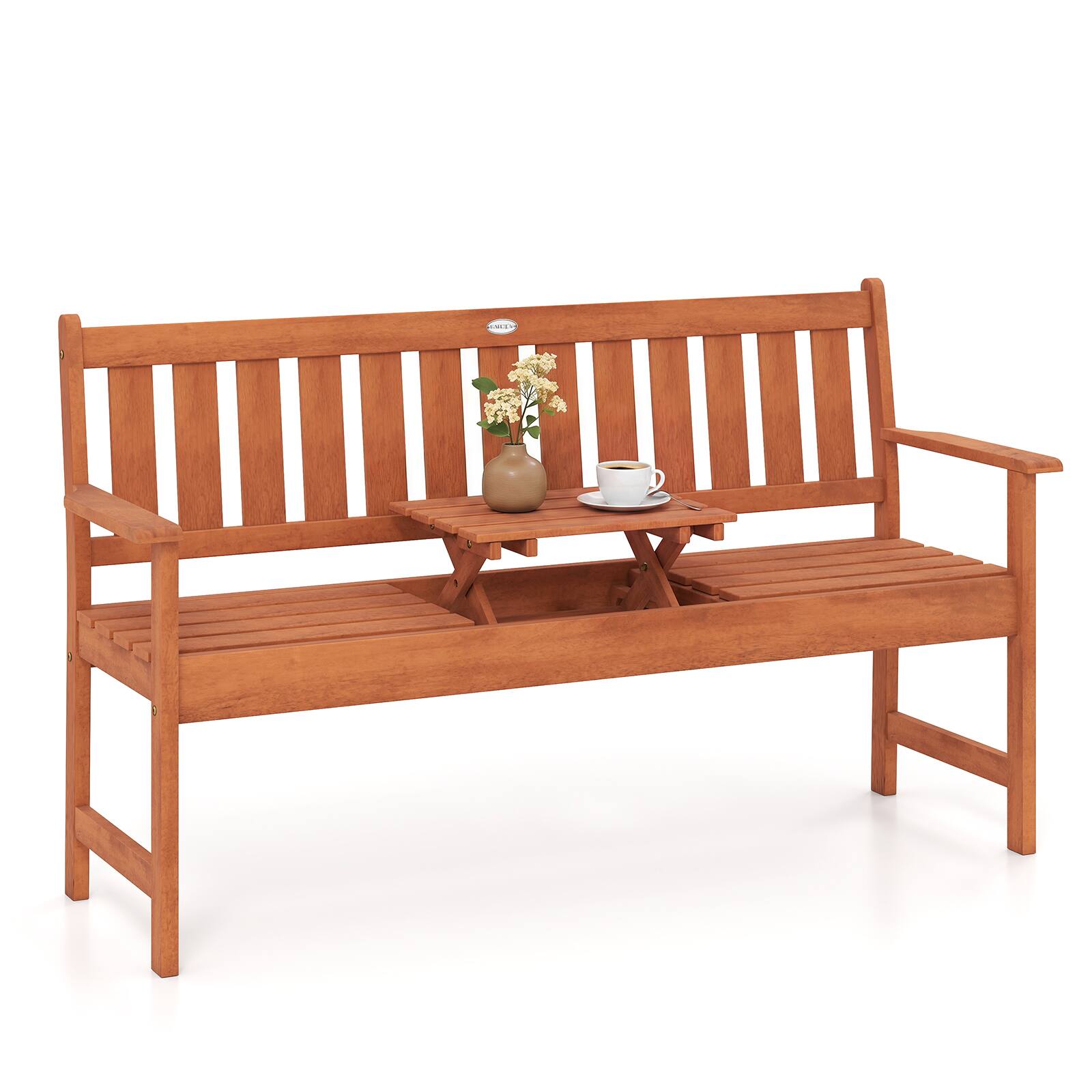 Alt View 1. Costway - Costway 59" Outdoor Wood Garden Bench with Pull-Out Center Table, Backrest & Armrests - Natural.