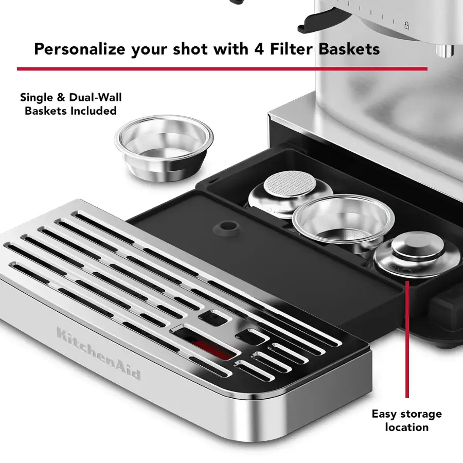 Personalize your shot with 4 Filter Baskets. Single & Dual-Wall Baskets Included. KitchenAid. Easy storage location.