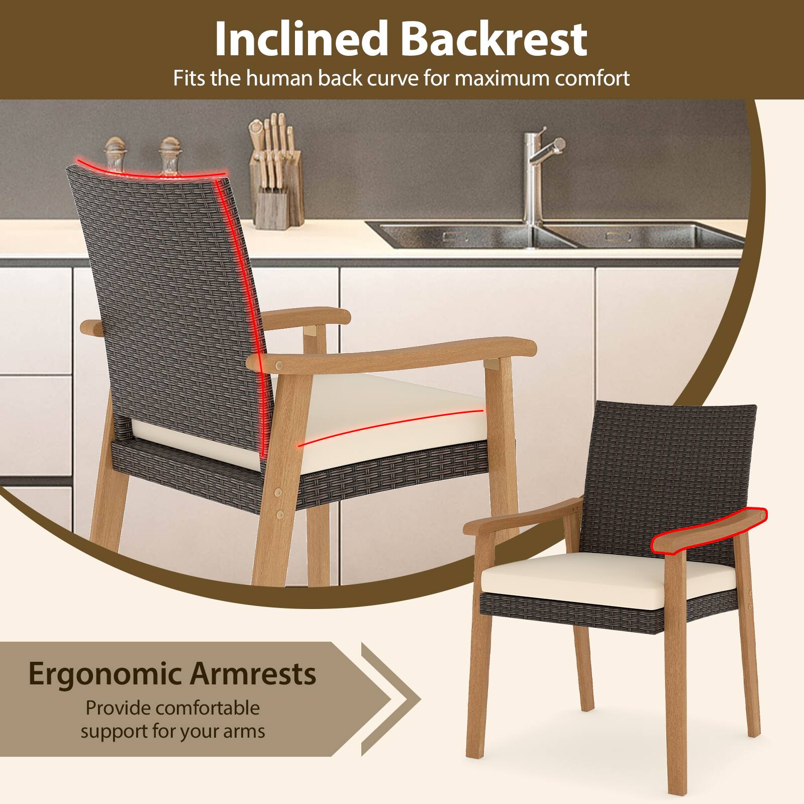 Inclined Backrest  
Fits the human back curve for maximum comfort  

Ergonomic Armrests  
Provide comfortable support for your arms