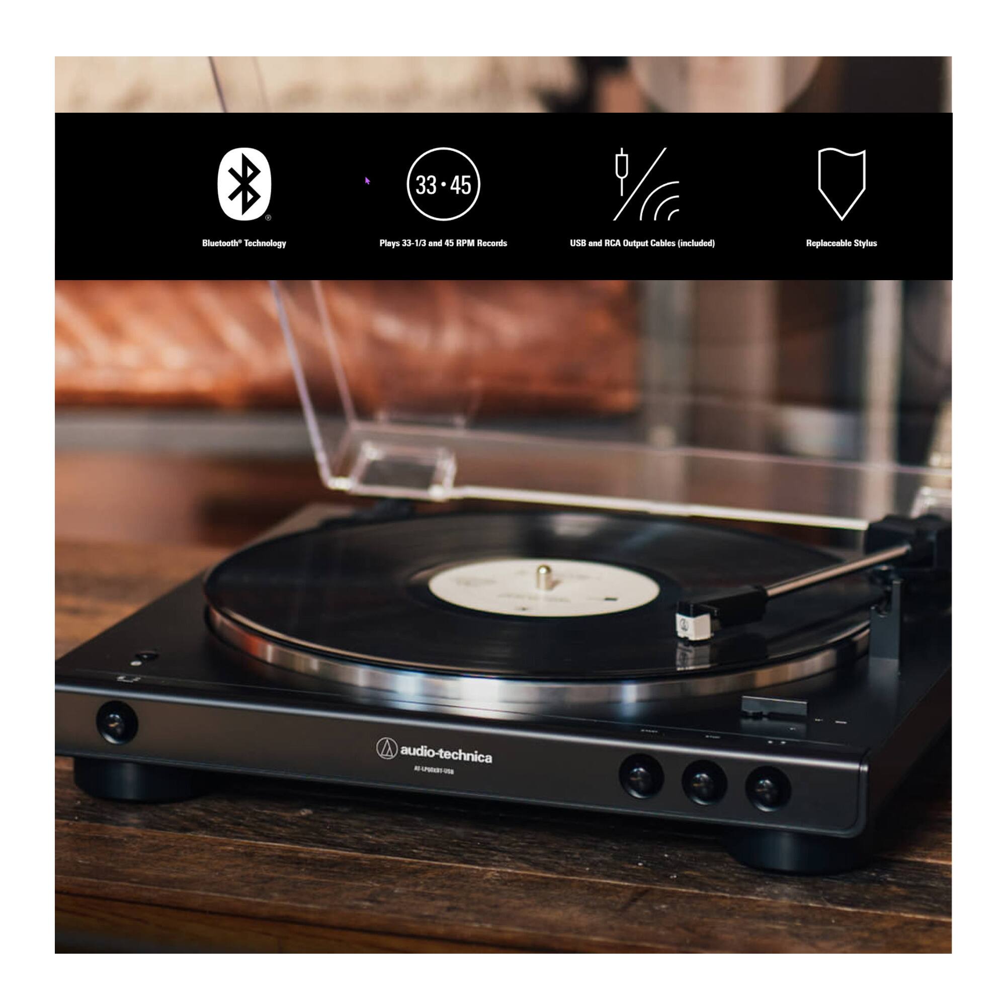 - Bluetooth® Technology
- Plays 33-1/3 and 45 RPM Records
- USB and RCA Output Cables (included)
- Replaceable Stylus