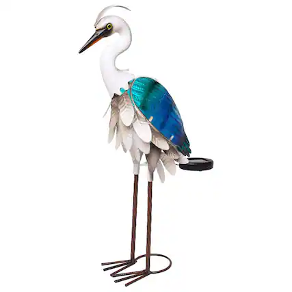 Front. G128 - Solar Metal Heron Garden Statue 24 in Coastal Bird Outdoor Decor with LED Lights - blue.
