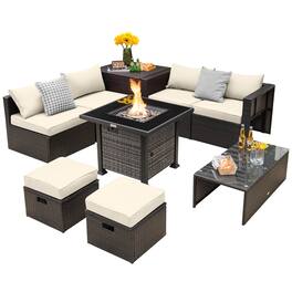 Gymax - 9 Pieces Furniture Set w/ 50,000 BTU Propane Fire Pit Table Patio - Off White
