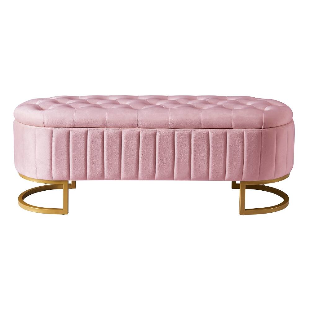 Alt View 3. Ropilly - Ropilly Pink Velvet Storage Ottoman Bench, Button Tufted End of Bed Bench with Metal Legs for Bedroom and Living Room - Pink.
